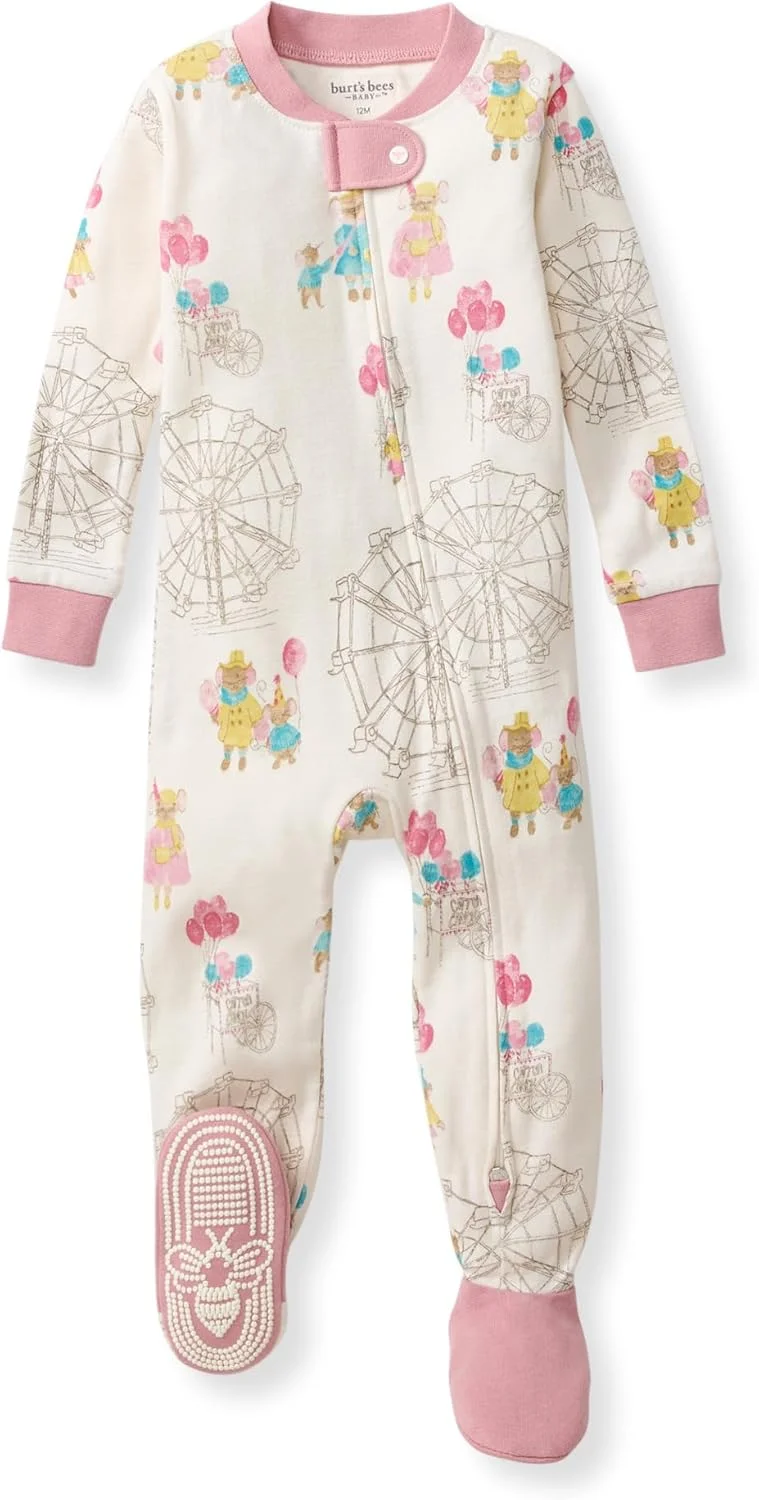 لباس خواب یکسره دخترانه نوزادی برتز بیز، 100% پنبه ارگانیک، لباس خواب یک تکه، سرهمی زیپ دار مورب، لباس خواب چسبان نوزاد و کودک نوپا