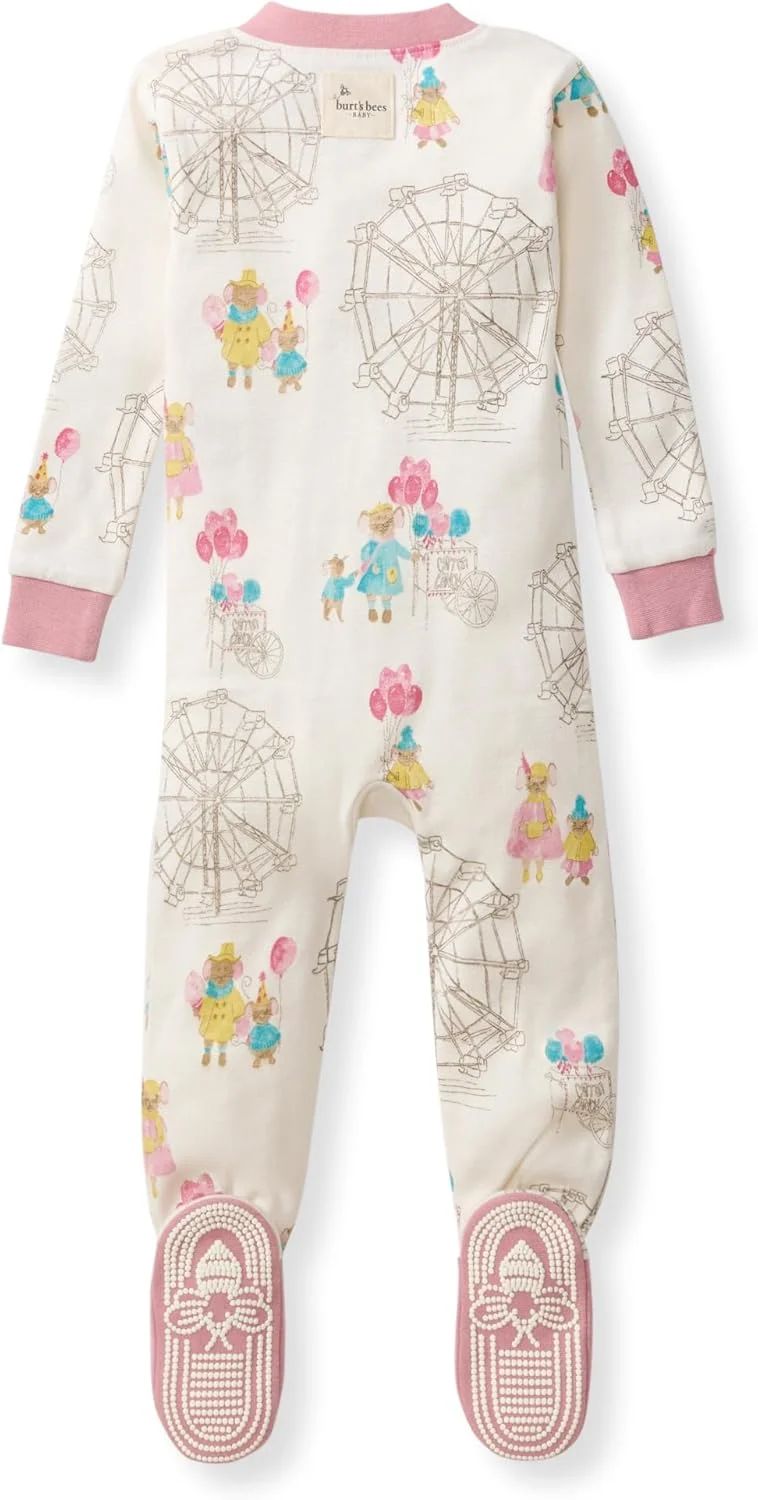 لباس خواب یکسره دخترانه نوزادی برتز بیز، 100% پنبه ارگانیک، لباس خواب یک تکه، سرهمی زیپ دار مورب، لباس خواب چسبان نوزاد و کودک نوپا