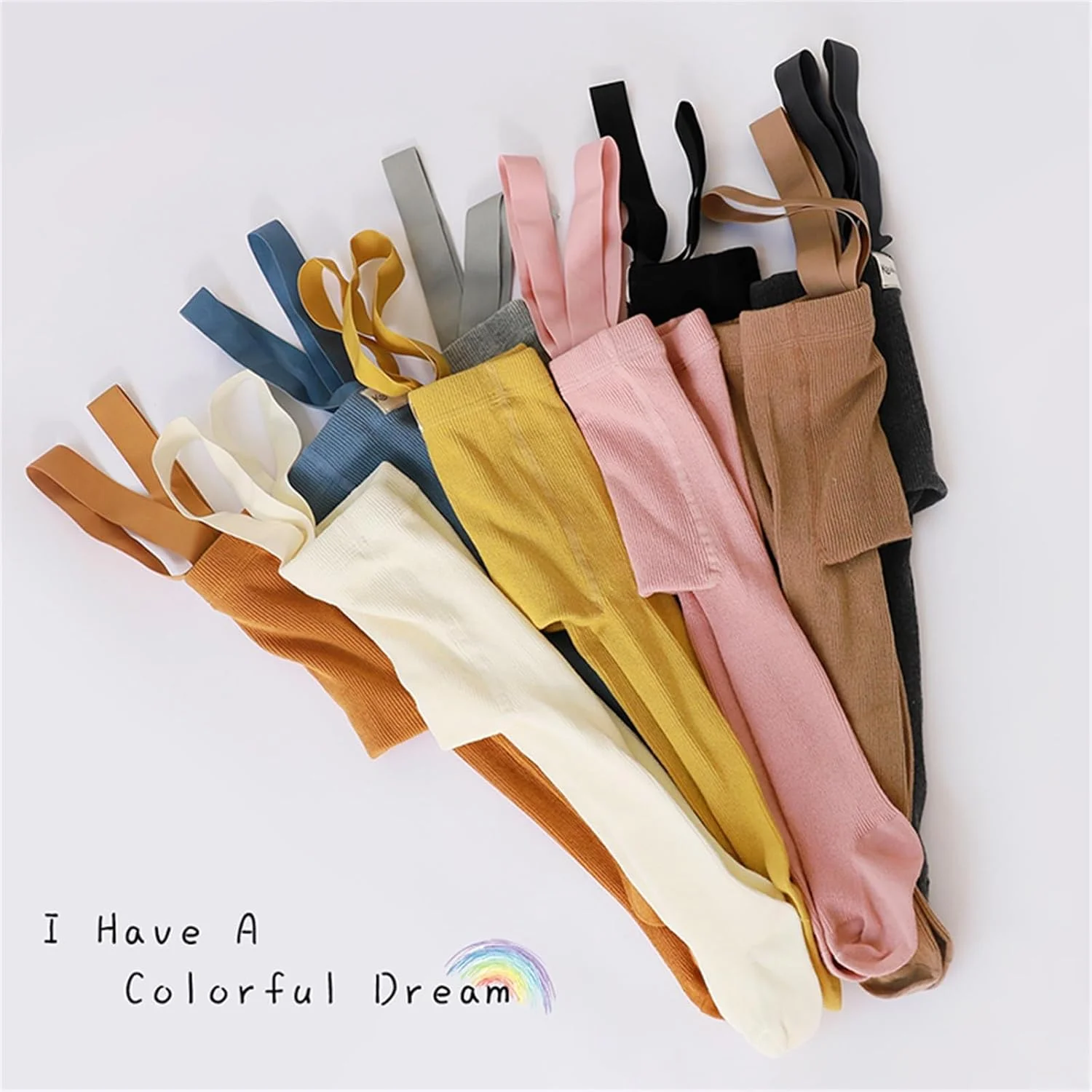 جوراب شلواری نوزاد دختر پسر با بند شانه ای، ساق شلواری بافتنی راه راه، جوراب ساق بلند، شلوار فاق بلند رنگ ثابت