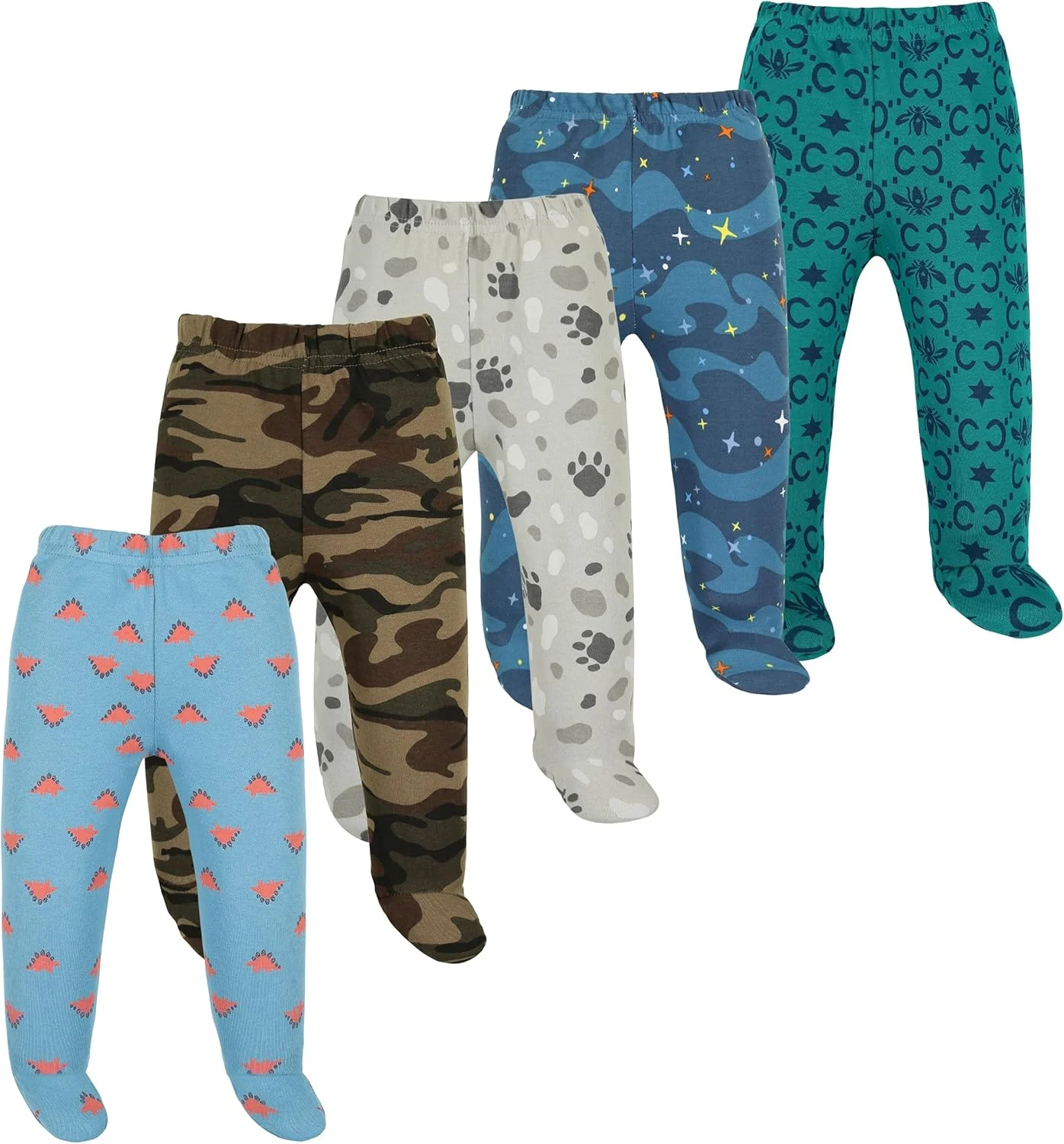 شلوار نوزادی تاتز تاچ | لباس خواب | ساق با جوراب | جوراب شلواری پنبه ای نرم طرح دار چند رنگ بسته 5 عددی، چند رنگ، 0-3 ماه