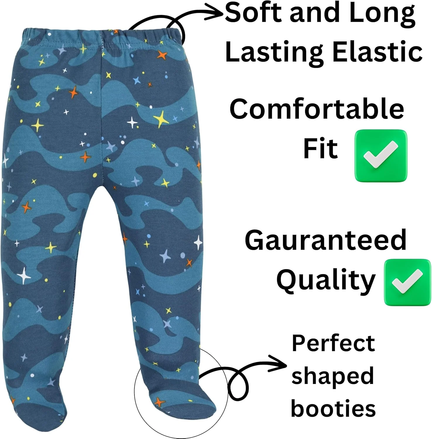 شلوار نوزادی تاتز تاچ | لباس خواب | ساق با جوراب | جوراب شلواری پنبه ای نرم طرح دار چند رنگ بسته 5 عددی، چند رنگ، 0-3 ماه