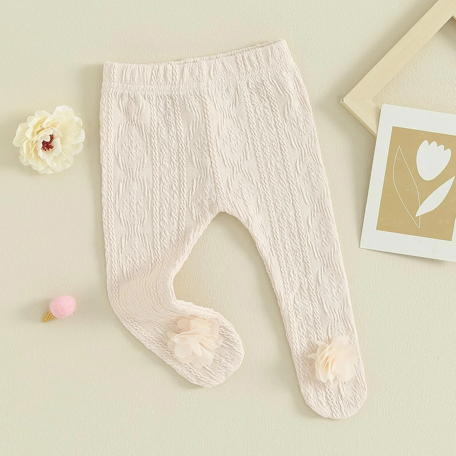 جوراب شلواری نوزادی دخترانه هونگاندا، جوراب ساق بلند سه بعدی گلدار، کمر کشی، ساق پا گلدار راه راه