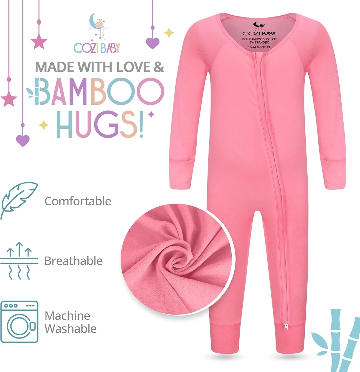 لباس خواب بامبو نوزاد کوزی بیبی | لباس سرهمی بامبو با دستکش و مچ پا، بدون جوراب، لباس خواب زیپ دار 2 عددی