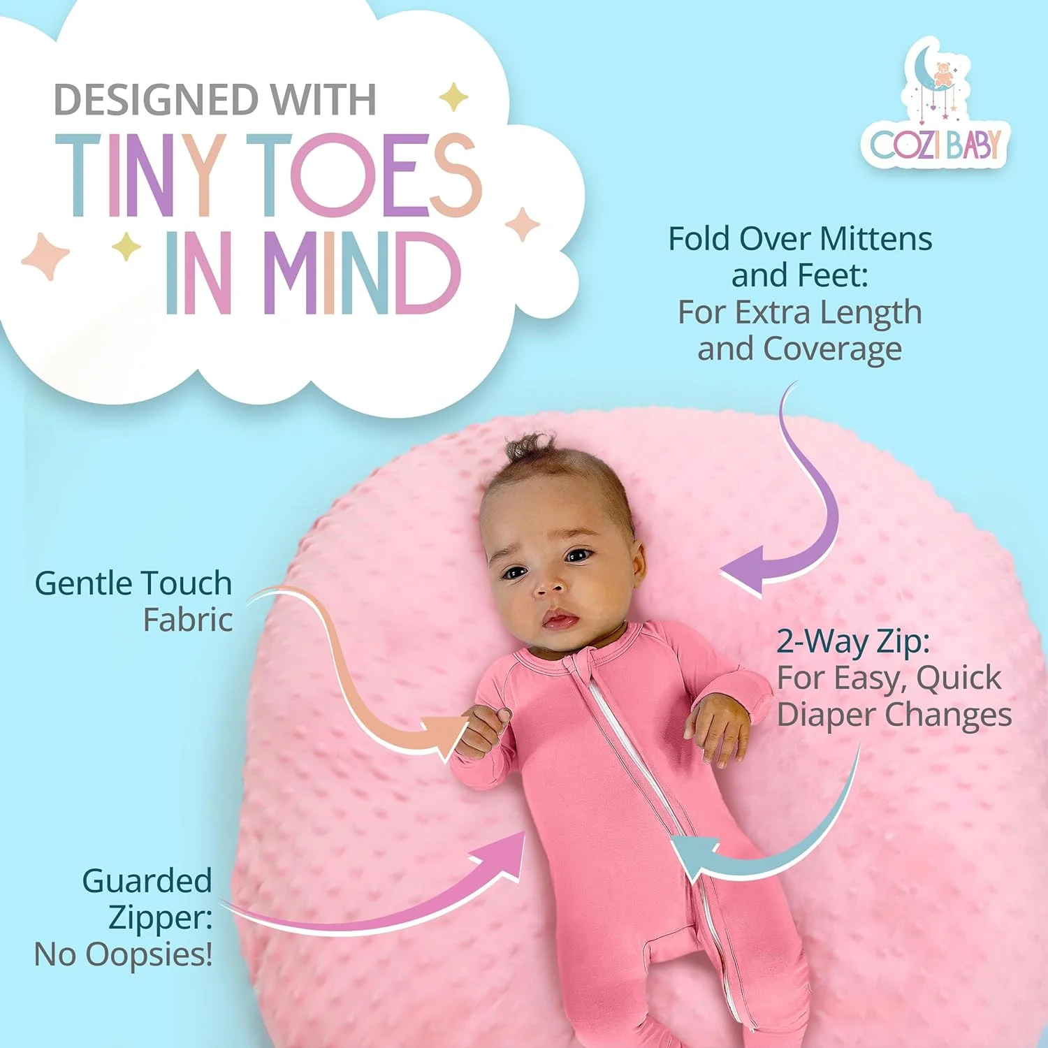 لباس خواب بامبو نوزاد کوزی بیبی | لباس سرهمی بامبو با دستکش و مچ پا، بدون جوراب، لباس خواب زیپ دار 2 عددی