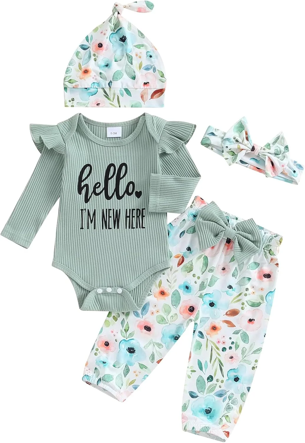 ست لباس نوزادی دخترانه طرح "Hello World" شامل رامپر آستین بلند، شلوار گلدار و هدبند، 3 تکه، مناسب بهار و تابستان ست لباس نوزادی دخترانه طرح "Hello World" شامل رامپر آستین بلند، شلوار گلدار و هدبند، 3 تکه، مناسب بهار و تابستان