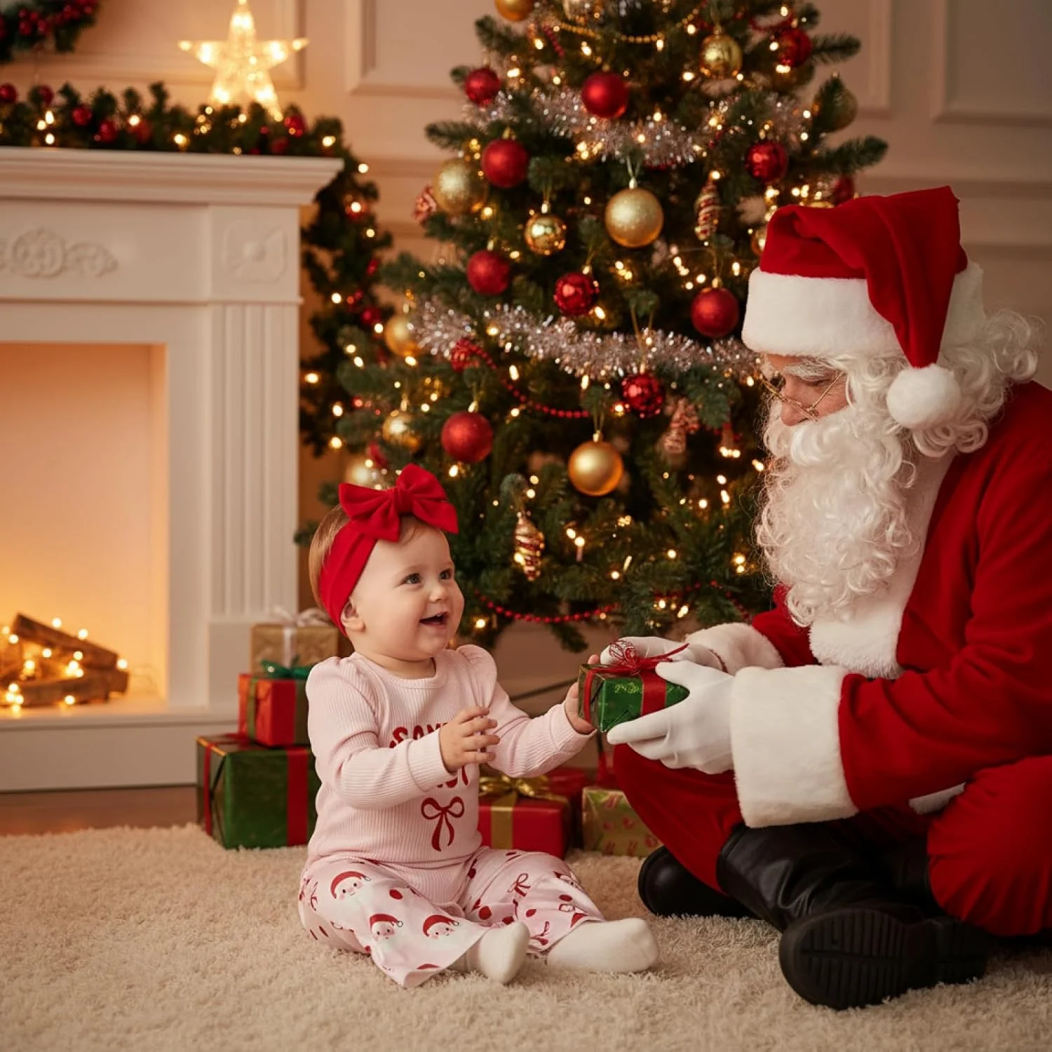 ست لباس دخترانه نوزادی طرح اولین کریسمس من، سرهمی نوزادی طرح بابانوئل و شلوار دمپا گشاد کبریتی به همراه هدبند
