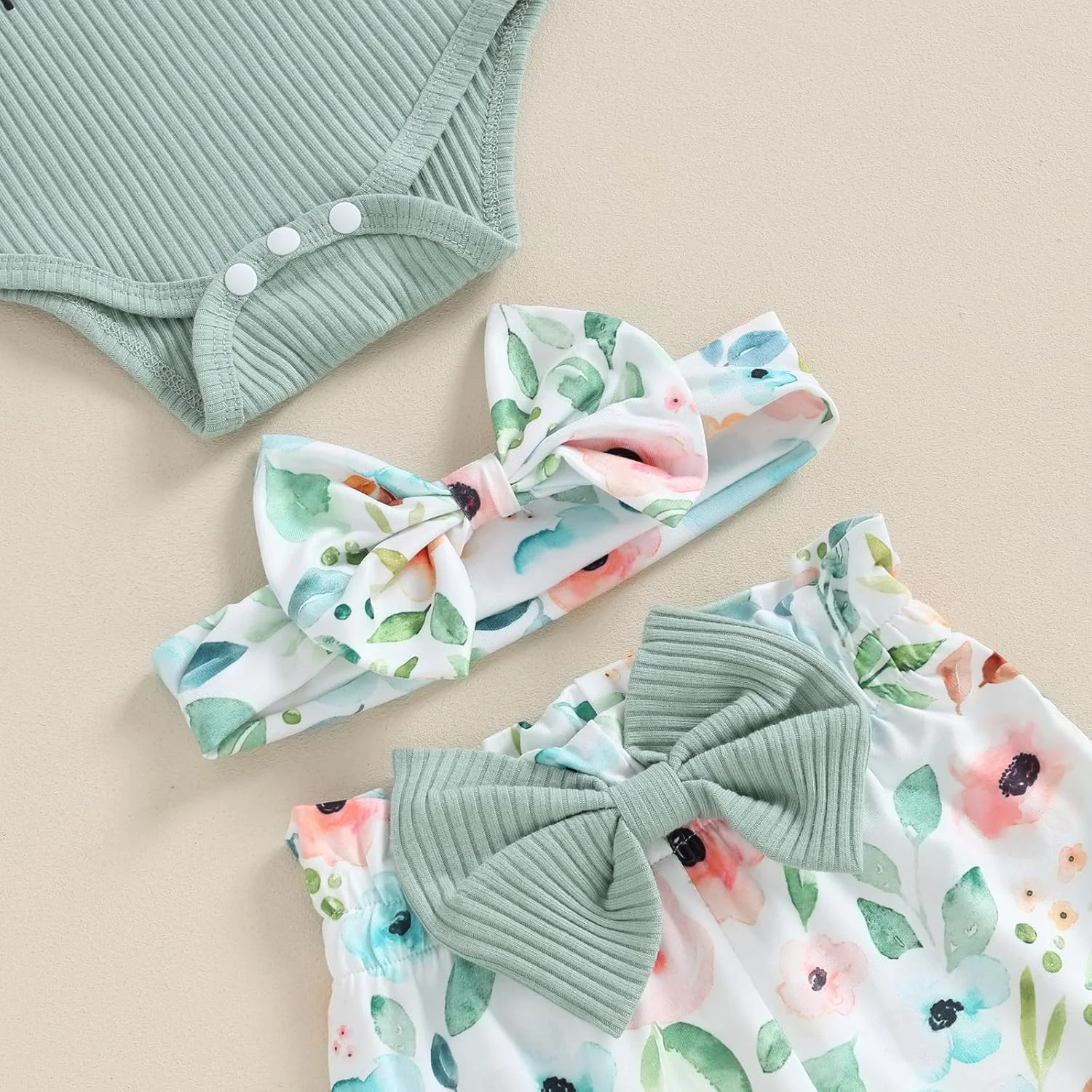 ست لباس نوزادی دخترانه طرح "Hello World" شامل رامپر آستین بلند، شلوار گلدار و هدبند، 3 تکه، مناسب بهار و تابستان