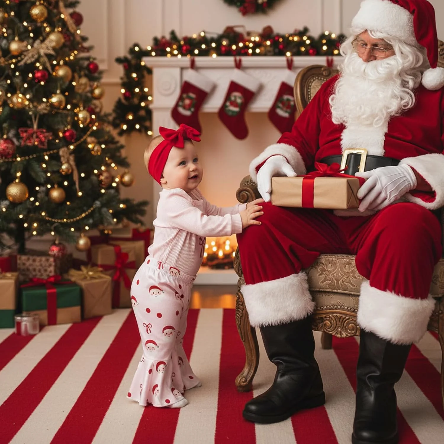 ست لباس دخترانه نوزادی طرح اولین کریسمس من، سرهمی نوزادی طرح بابانوئل و شلوار دمپا گشاد کبریتی به همراه هدبند