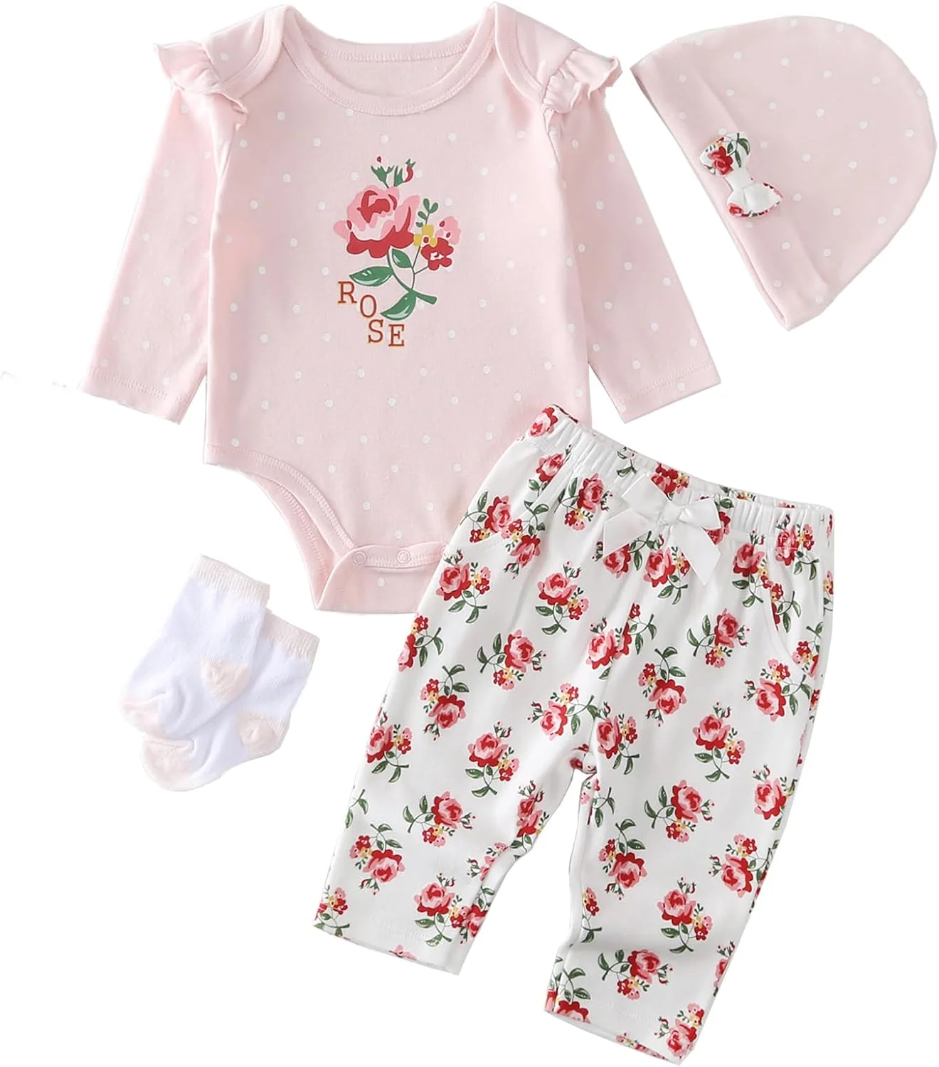 ست لباس نوزاد دخترانه پاییز و زمستان شامل بلوز آستین بلند بافتنی، شلوار پنبه ای، کلاه و جوراب ست لباس نوزاد دخترانه پاییز و زمستان شامل بلوز آستین بلند بافتنی، شلوار پنبه ای، کلاه و جوراب