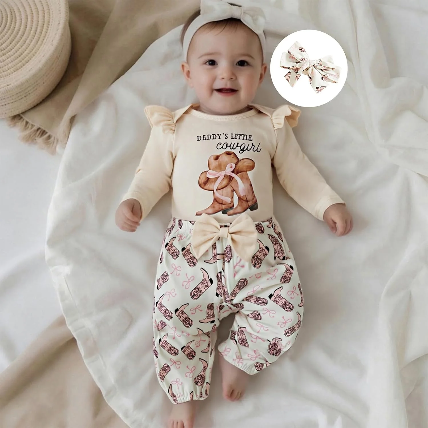 لباس دخترانه نوزادی طرح وسترن، ست رامپر، شلوار و هدبند 3 تکه مناسب فصل پاییز