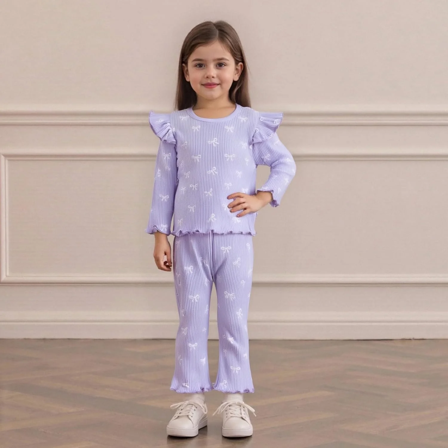 لباس پاییزی دخترانه بچه گانه با طرح پاپیون، تیشرت آستین بلند چین دار و شلوار دم پا گشاد دو تکه