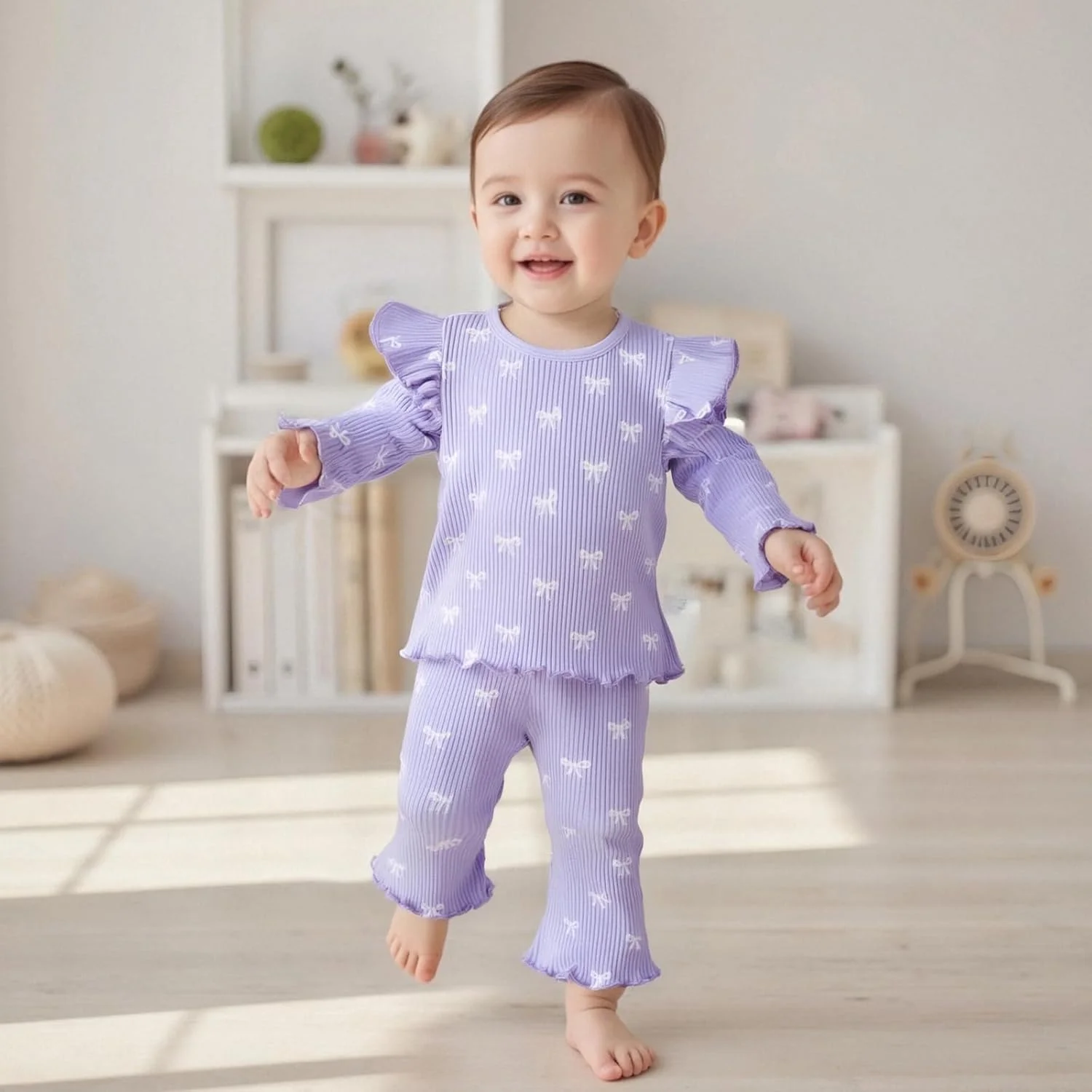 لباس پاییزی دخترانه بچه گانه با طرح پاپیون، تیشرت آستین بلند چین دار و شلوار دم پا گشاد دو تکه