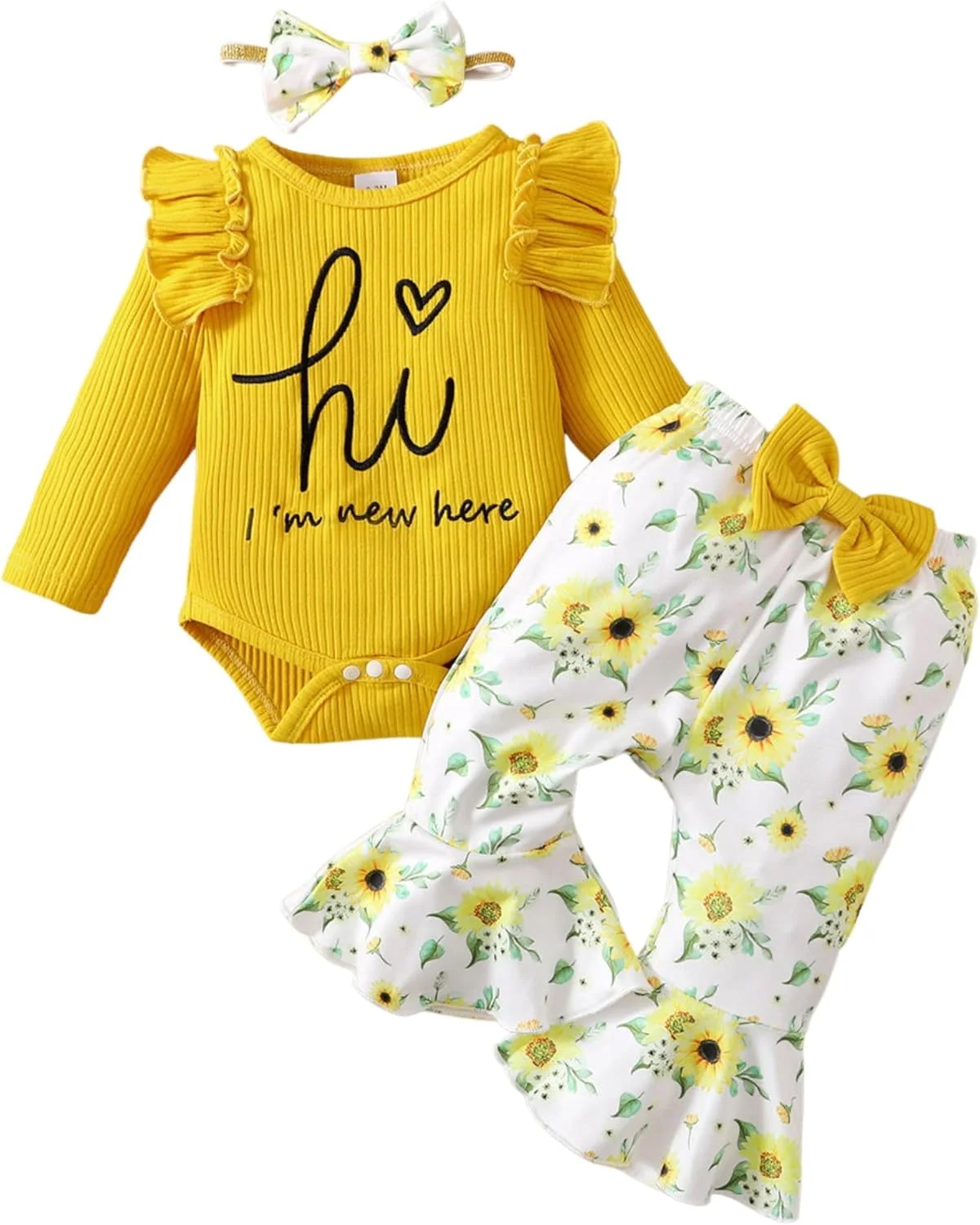 ست لباس نوزاد دخترانه، بادی آستین بلند طرح دار، شلوار دمپا گشاد گلدار به همراه هدبند پاپیونی، ست 3 تکه مناسب نوزاد 0 تا 18 ماه