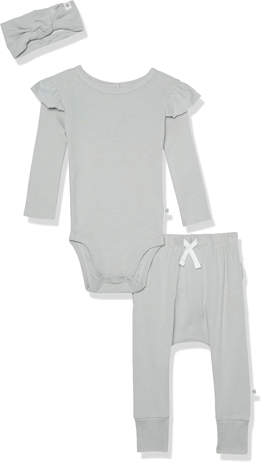 ست هدیه 3 تکه نوزاد دخترانه HonestBaby - بادی آستین بلند چین دار، شلوار چین دار، پاپیون