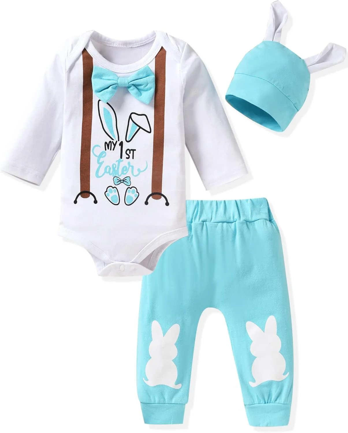 لباس نوزادی پسرانه طرح خرگوش، ست لباس و شلوار به همراه کلاه