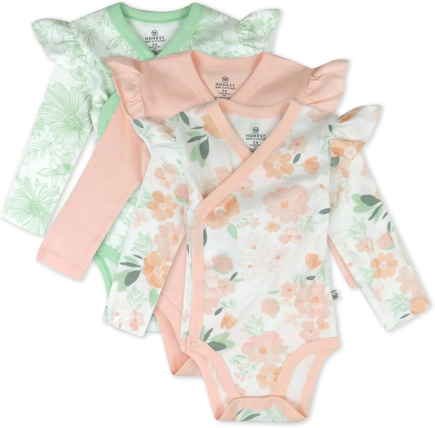 بادی آستین بلند نوزاد دخترانه HonestBaby، بسته 3 عددی، دکمه دار بغل، سرشانه چین دار، 100% پنبه ارگانیک مناسب نوزاد و نوپا (بسته 3 عددی)