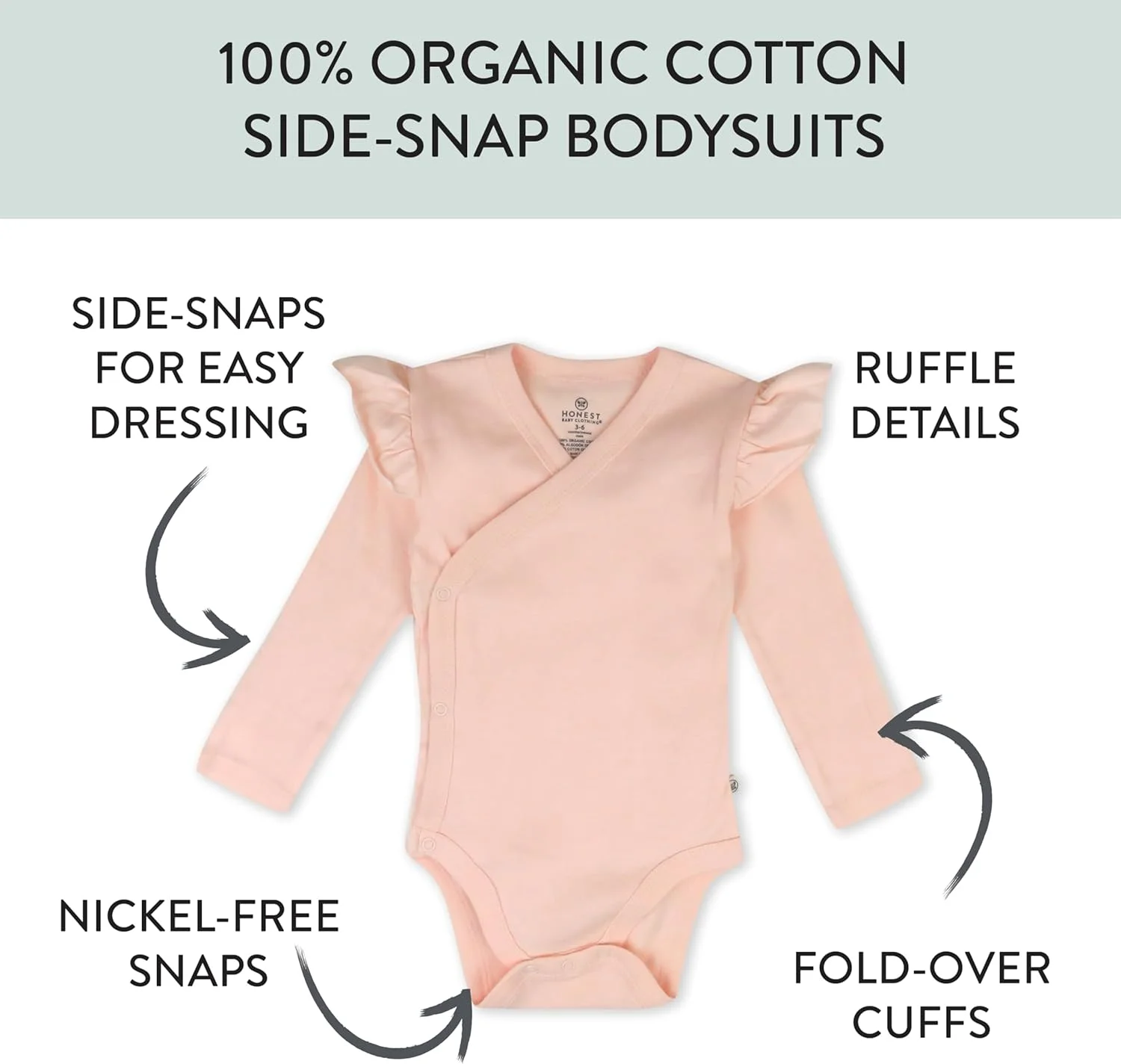 بادی آستین بلند نوزاد دخترانه HonestBaby، بسته 3 عددی، دکمه دار بغل، سرشانه چین دار، 100% پنبه ارگانیک مناسب نوزاد و نوپا (بسته 3 عددی)