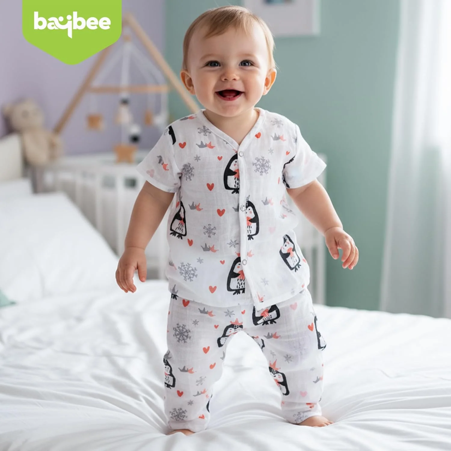 لباس نوزادی پنبه‌ای موسلین Baybee | ست لباس تابستانی بچگانه با یقه چینی و دکمه فشاری | ست پیراهن و شورت