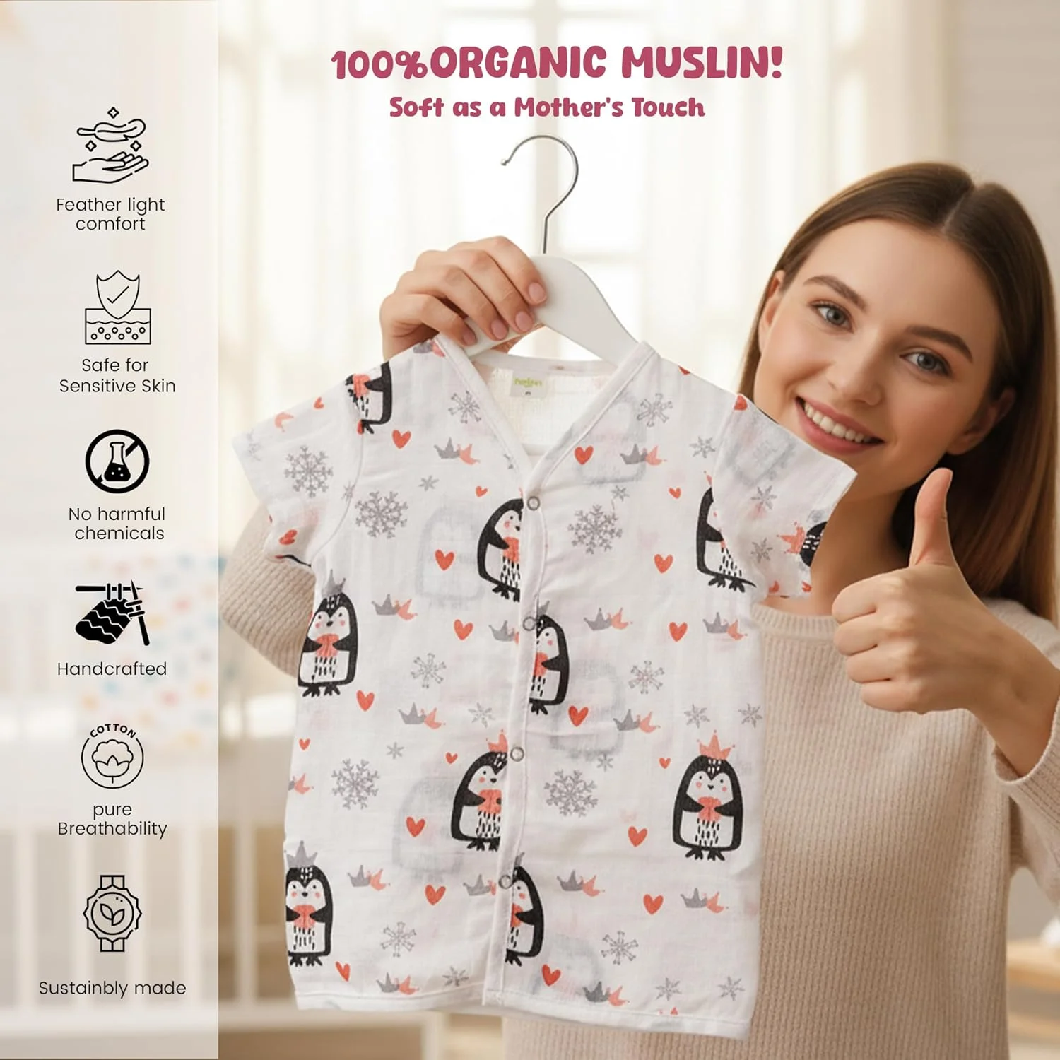 لباس نوزادی پنبه‌ای موسلین Baybee | ست لباس تابستانی بچگانه با یقه چینی و دکمه فشاری | ست پیراهن و شورت