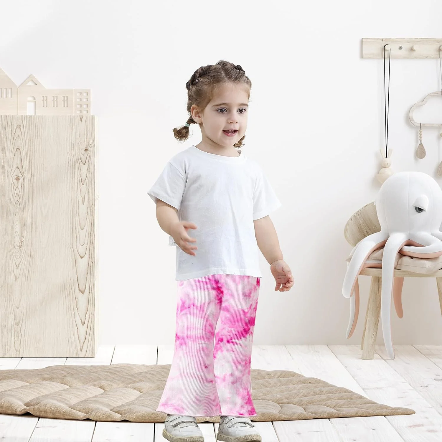 ست ۳ عددی شلوار دخترانه طرح تدی، شلوار دمپا گشاد نوزادی، شلوار چین دار کبریتی بافتنی