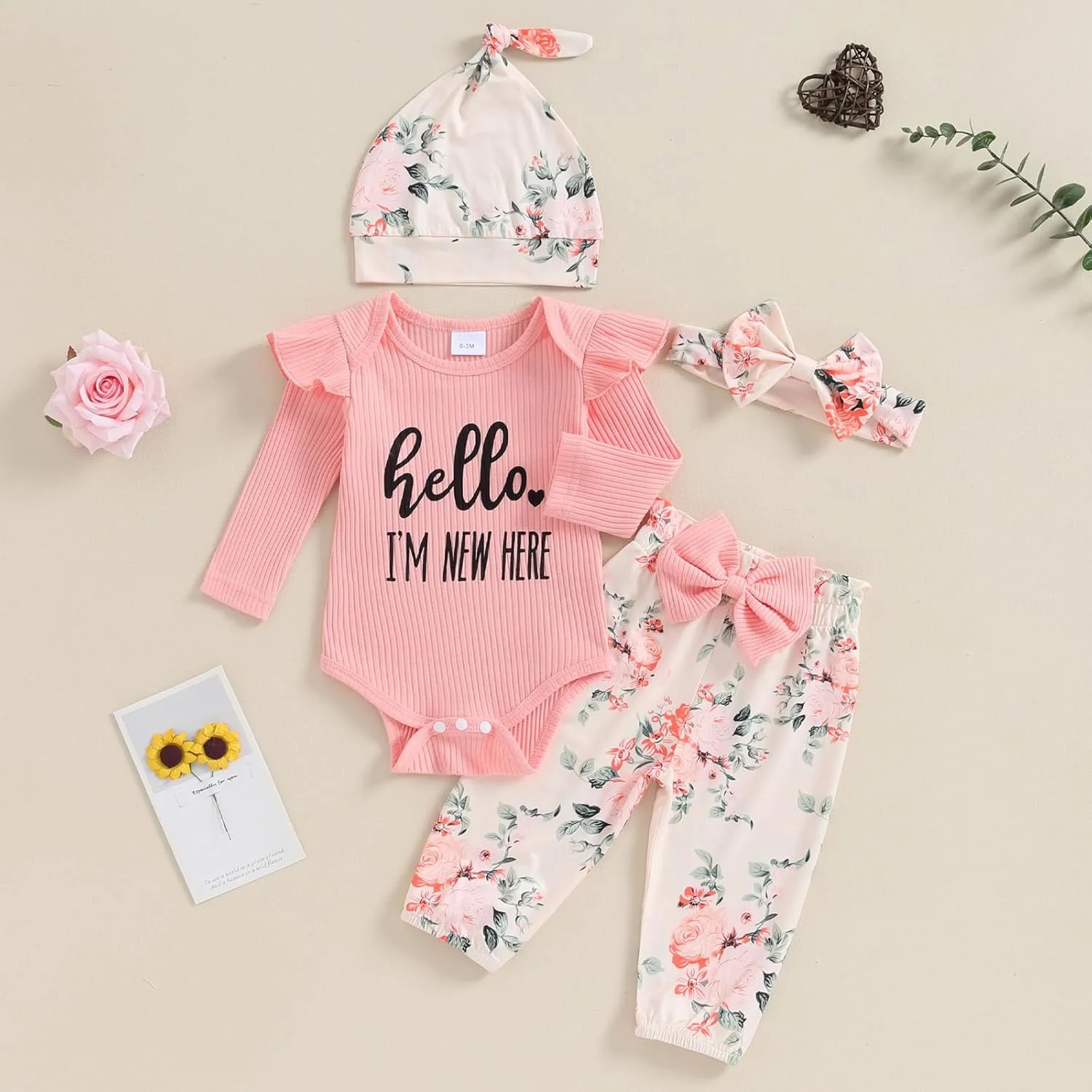 لباس نوزادی دخترانه Twopumpkin، رامپر بافتنی دنده ای، شلوار گلدار، هدبند و کلاه