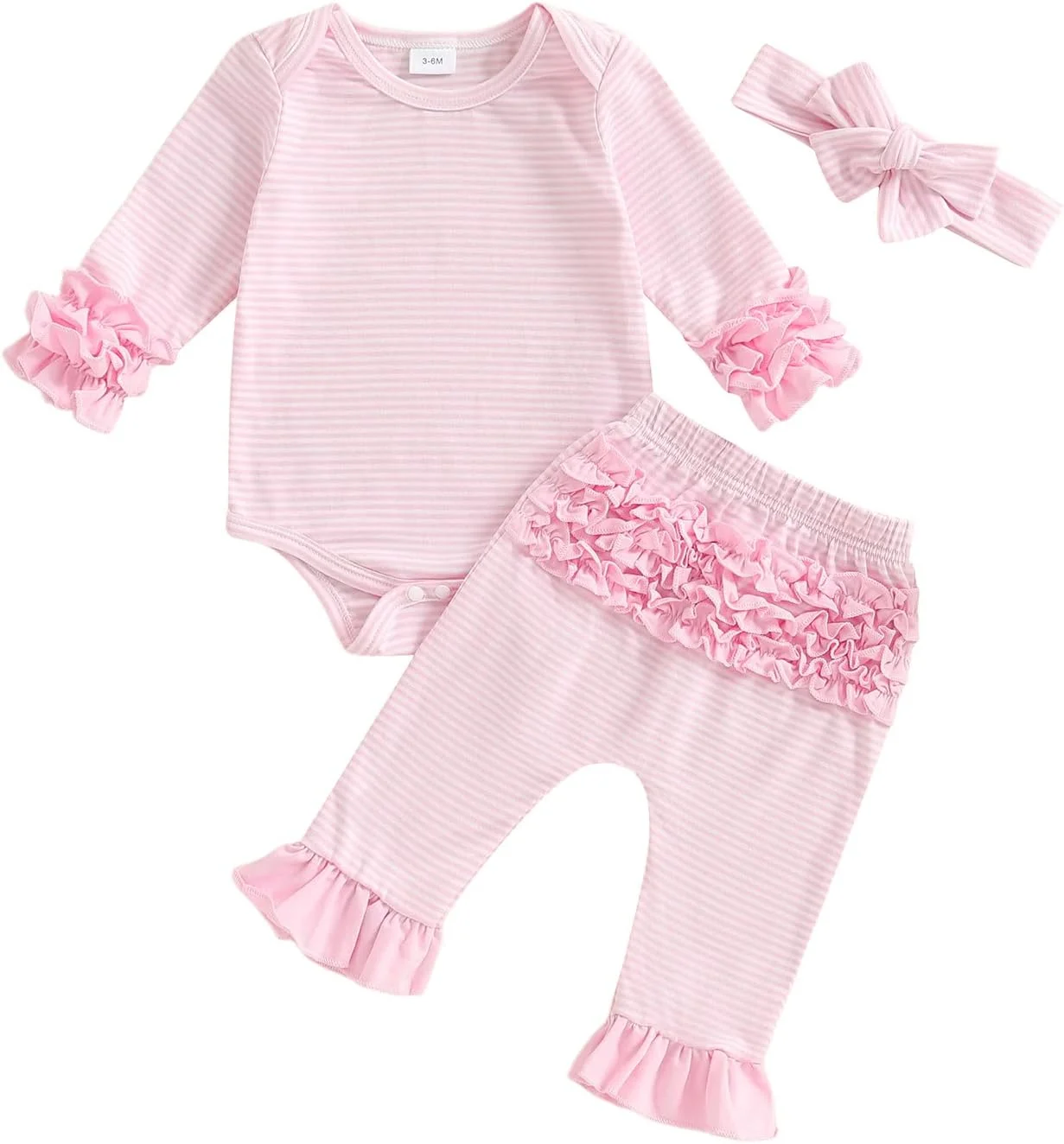 لباس نوزادی دخترانه، رامپر آستین بلند راه راه با طرح چین دار، ست شلوار و هدبند کشی، مناسب فصل پاییز و زمستان