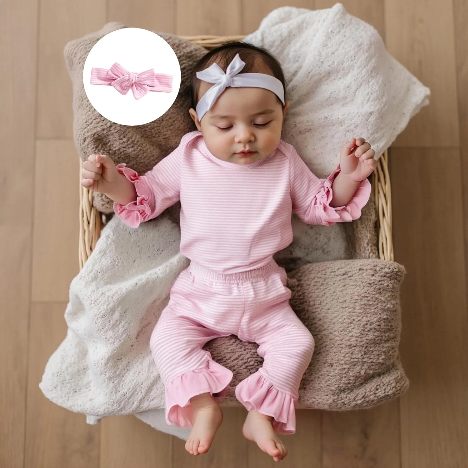 لباس نوزادی دخترانه، رامپر آستین بلند راه راه با طرح چین دار، ست شلوار و هدبند کشی، مناسب فصل پاییز و زمستان