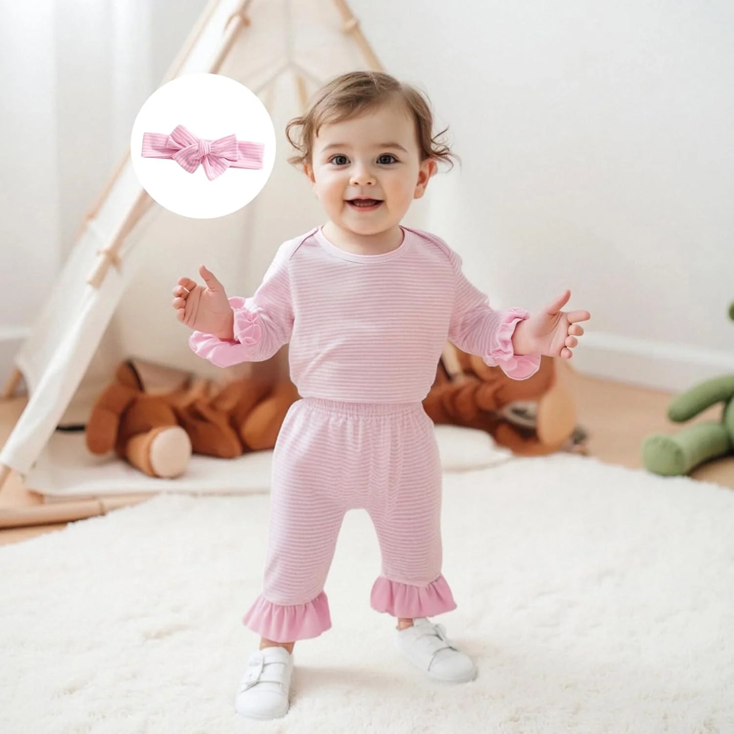 لباس نوزادی دخترانه، رامپر آستین بلند راه راه با طرح چین دار، ست شلوار و هدبند کشی، مناسب فصل پاییز و زمستان