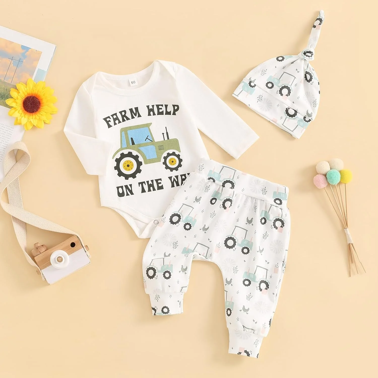 ست لباس نوزادی پسرانه و دخترانه، رامپر طرح دار + شلوار بلند + کلاه، 3 تکه لباس نوزاد بامزه