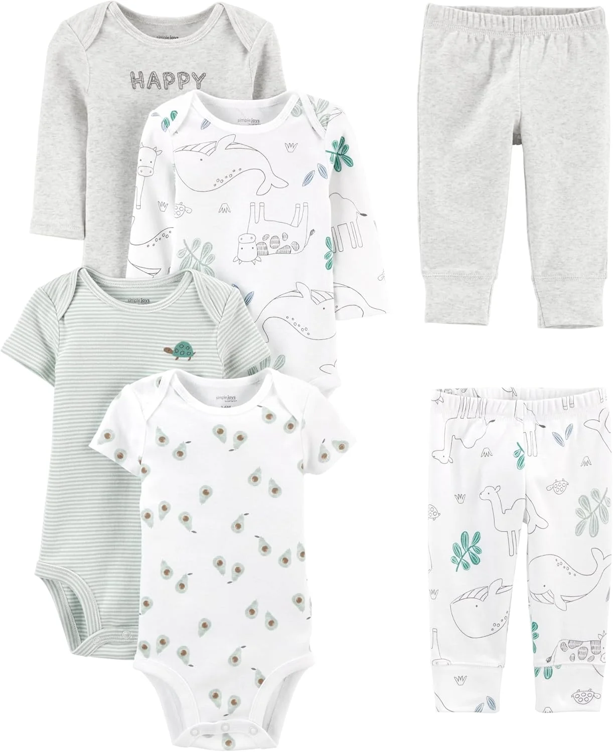 ست لباس نوزادی 6 تکه شامل بادی آستین کوتاه و بلند و شلوار