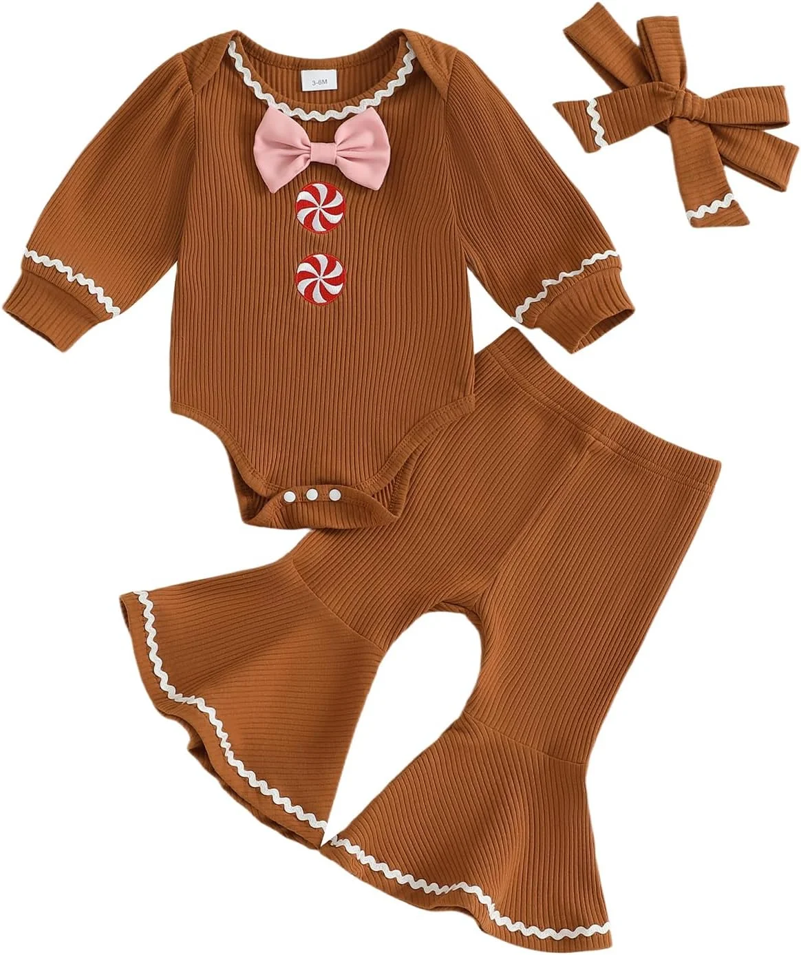 ست لباس نوزادی طرح آدمک زنجبیلی، لباس بافتنی کریسمس برای نوزاد دختر و پسر، شامل رامپر و شلوار