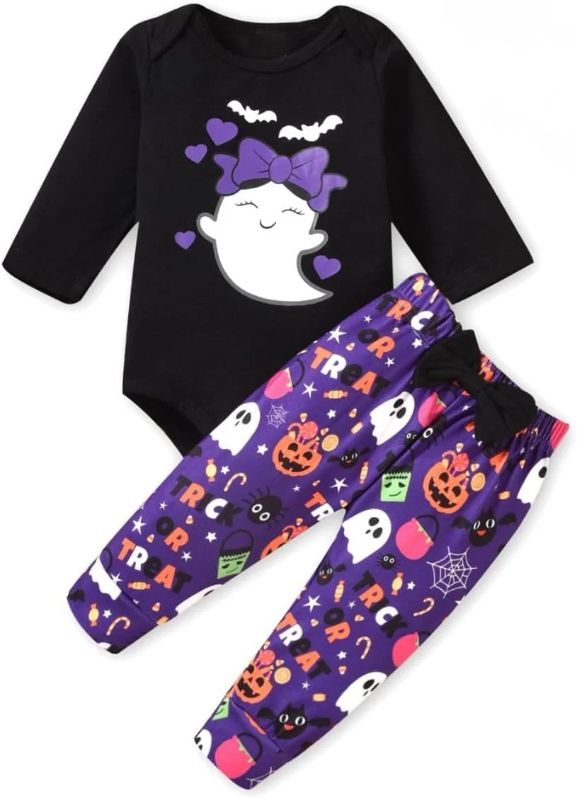 لباس هالووین نوزاد HIHA، رامپر یک تکه، شلوار شبح، هدبند، لباس هالووین 3 تکه دخترانه پسرانه