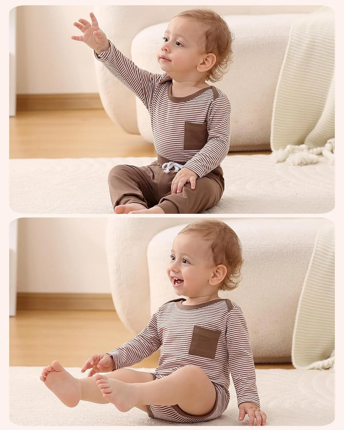 لباس نوزادی پسرانه و دخترانه BeiVSlley، لباس های نوزاد، بادی آستین بلند راه راه و ست شلوار ساده