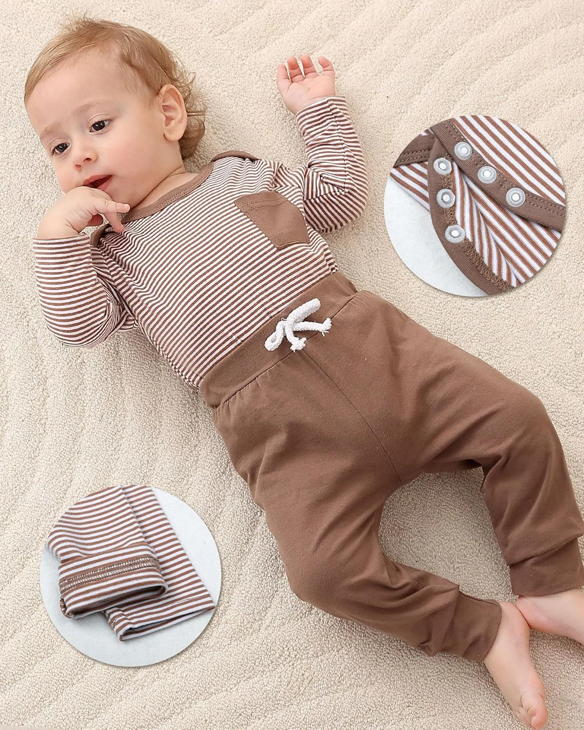 لباس نوزادی پسرانه و دخترانه BeiVSlley، لباس های نوزاد، بادی آستین بلند راه راه و ست شلوار ساده