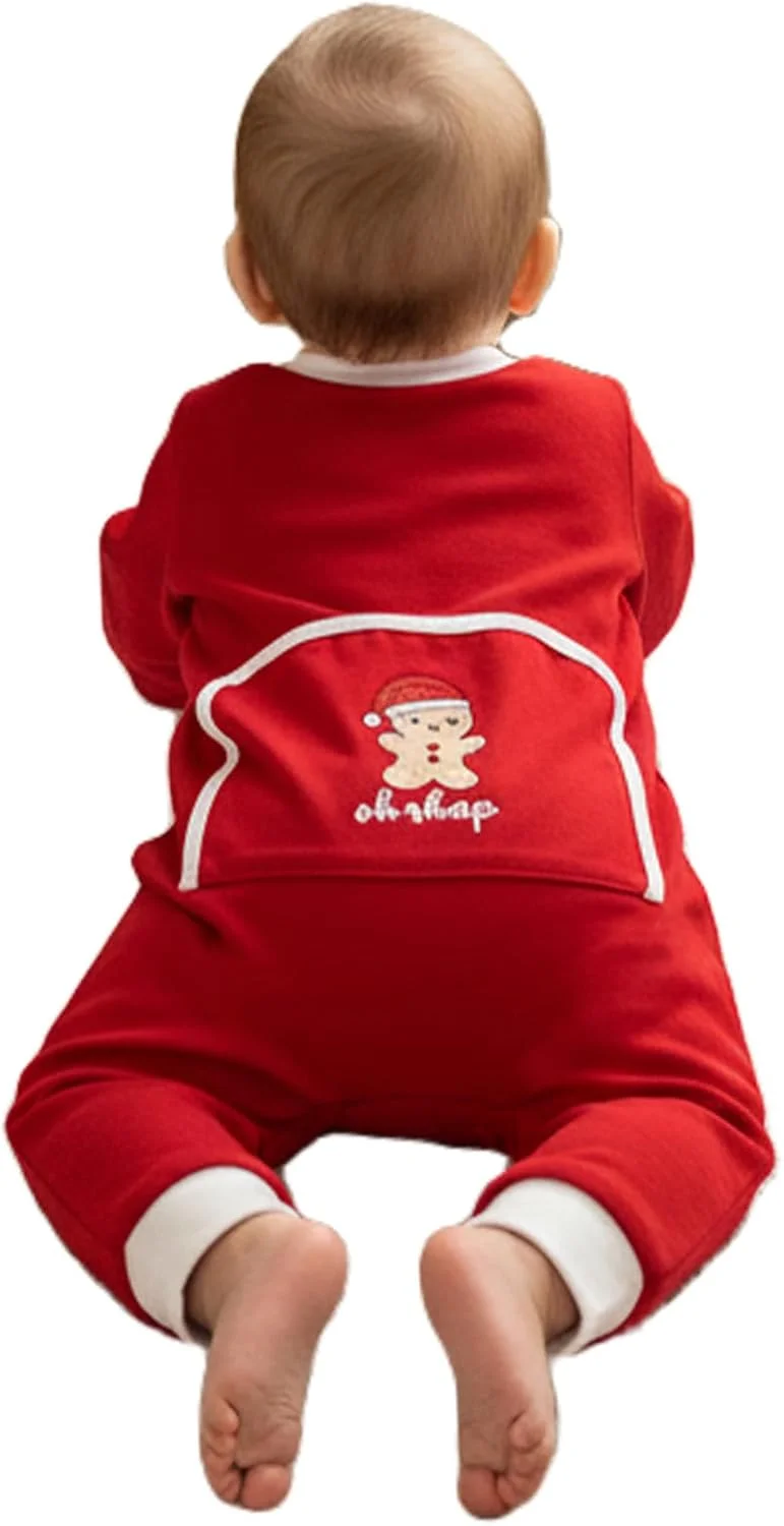 سرهمی نوزادی طرح کریسمس، لباس خواب یک تکه زیپ‌دار قرمز طرح بابانوئل و شیر