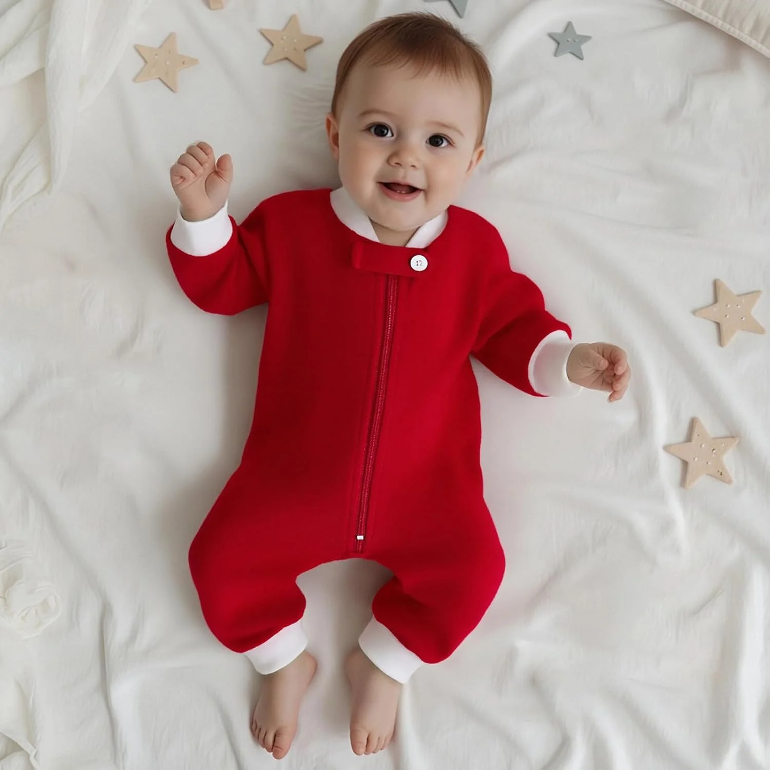 سرهمی نوزادی طرح کریسمس، لباس خواب یک تکه زیپ‌دار قرمز طرح بابانوئل و شیر