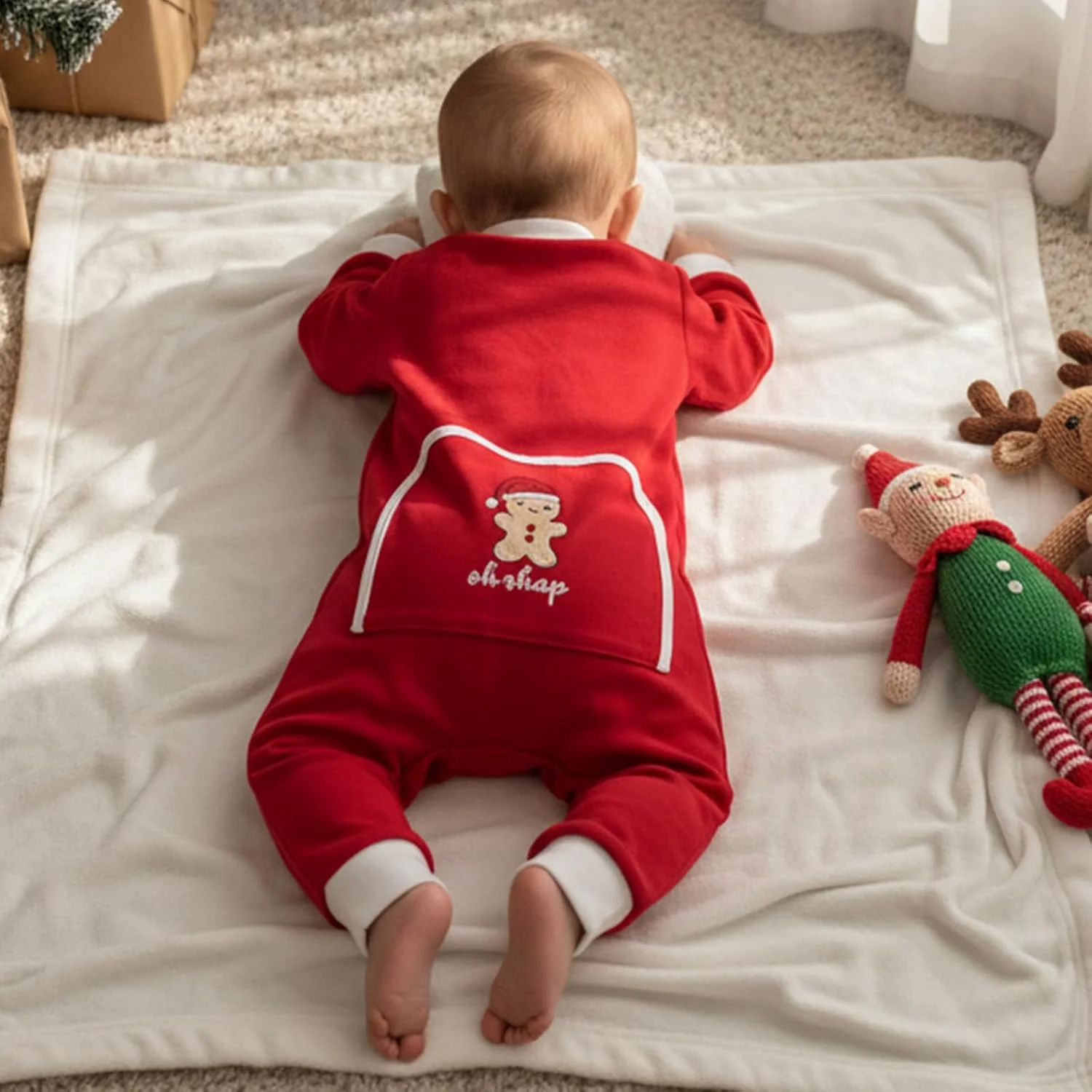 سرهمی نوزادی طرح کریسمس، لباس خواب یک تکه زیپ‌دار قرمز طرح بابانوئل و شیر