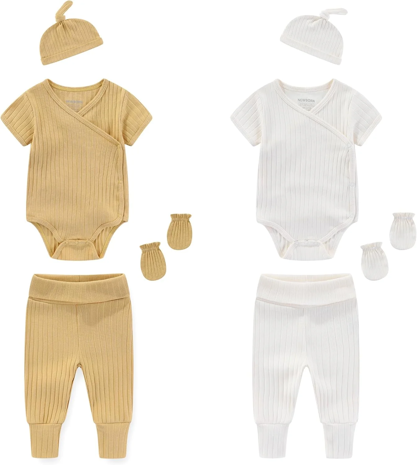 ست لباس نوزادی پسرانه و دخترانه مامیمکا، شامل بادی آستین کوتاه 100% پنبه، شلوار، کلاه و دستکش ضد خش، رنگ ثابت