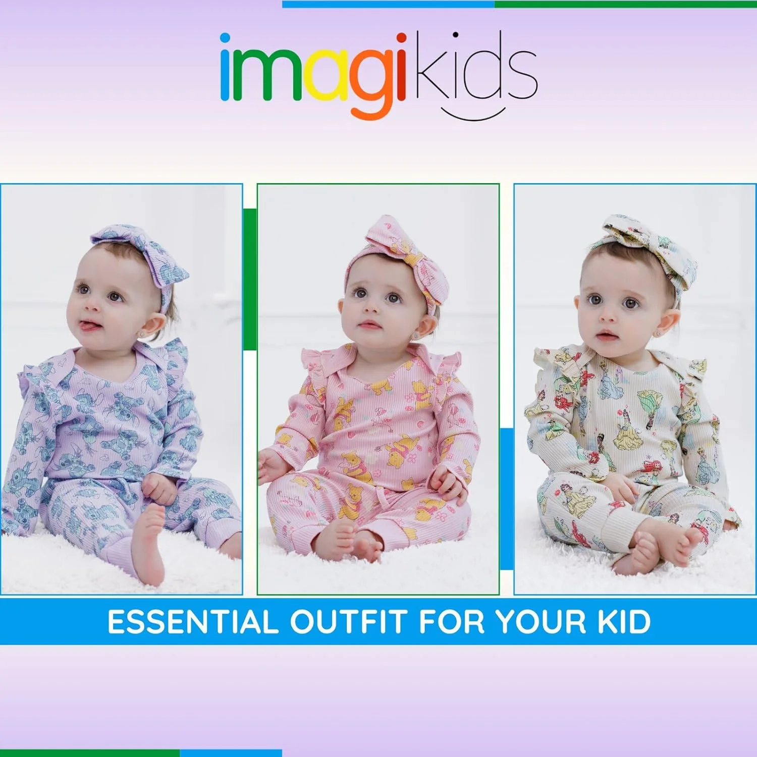 ست لباس 3 تکه نوزادی دخترانه دیزنی شامل بادی دنده ای، شلوار جاگر و هدبند (مناسب نوزاد تا 24 ماهگی)