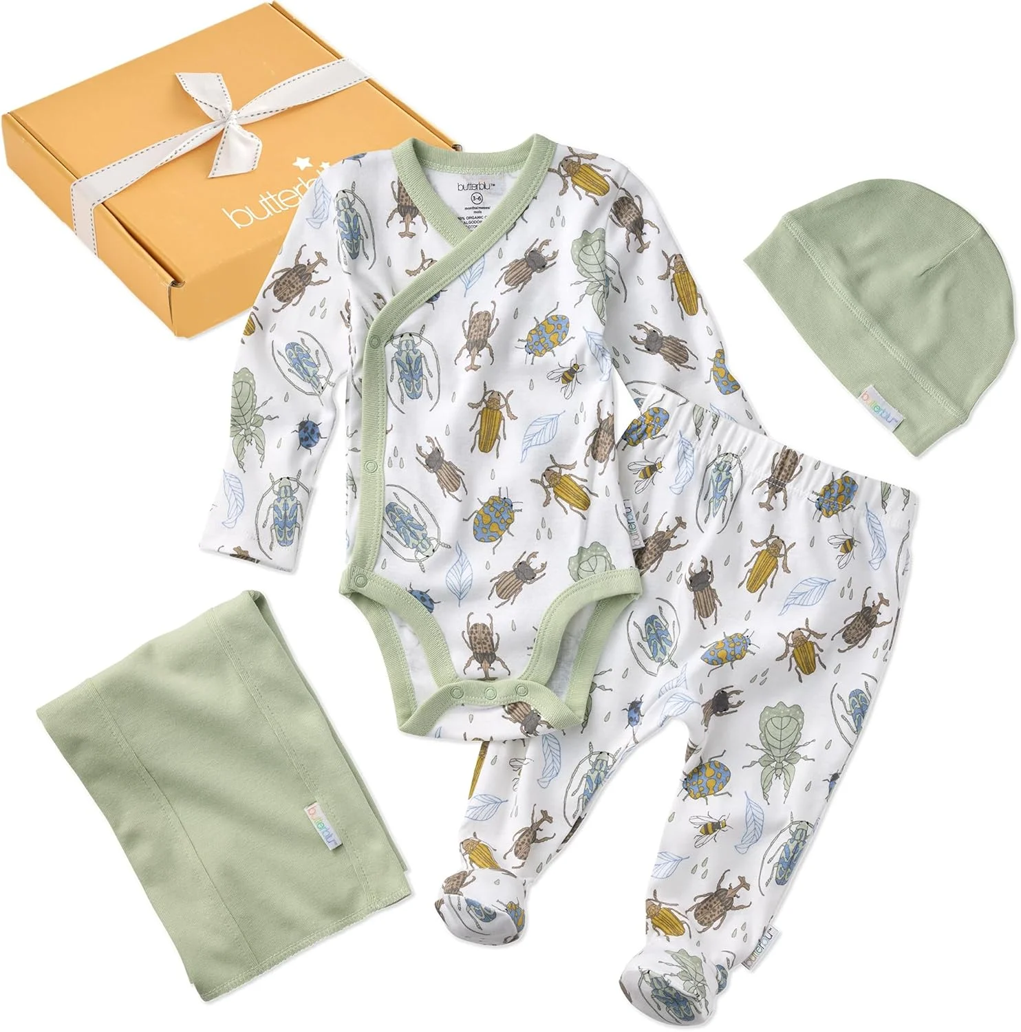 ست هدیه 4 تکه لباس نوزادی یونی‌سکس، لباس و لوازم جانبی پنبه ارگانیک در جعبه برای دختران، پسران، ست هدیه لباس یونی‌سکس (بسته 4 عددی)