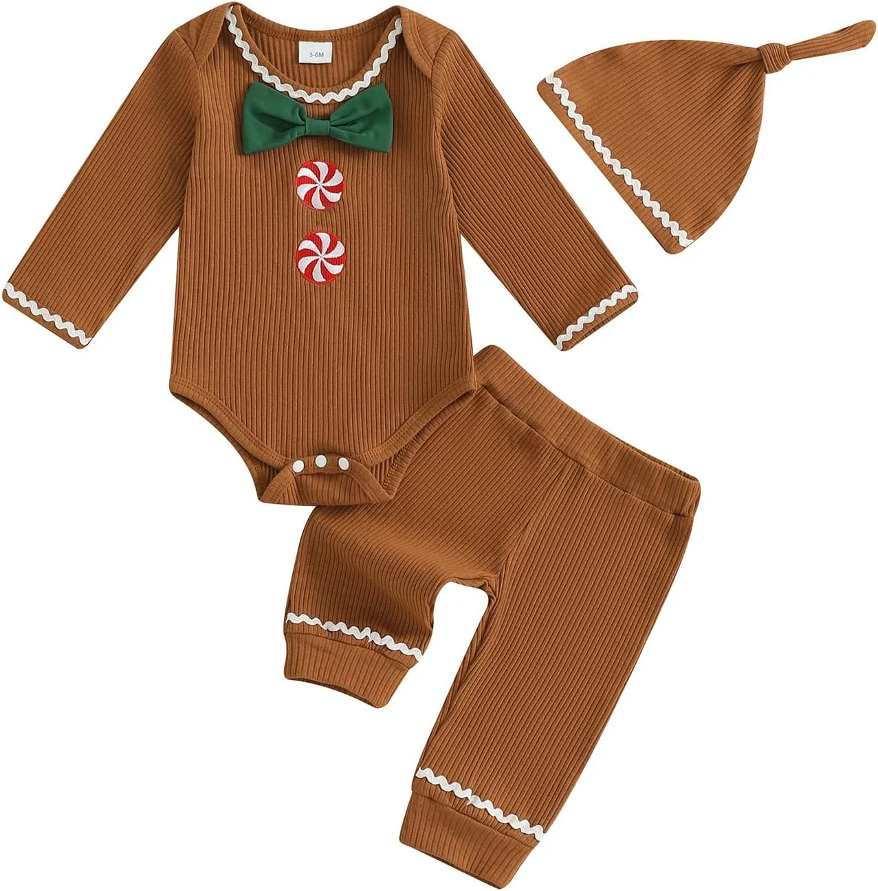 ست لباس نوزادی طرح آدمک زنجبیلی، لباس بافتنی کریسمس برای نوزاد پسر و دختر، شامل رامپر و شلوار
