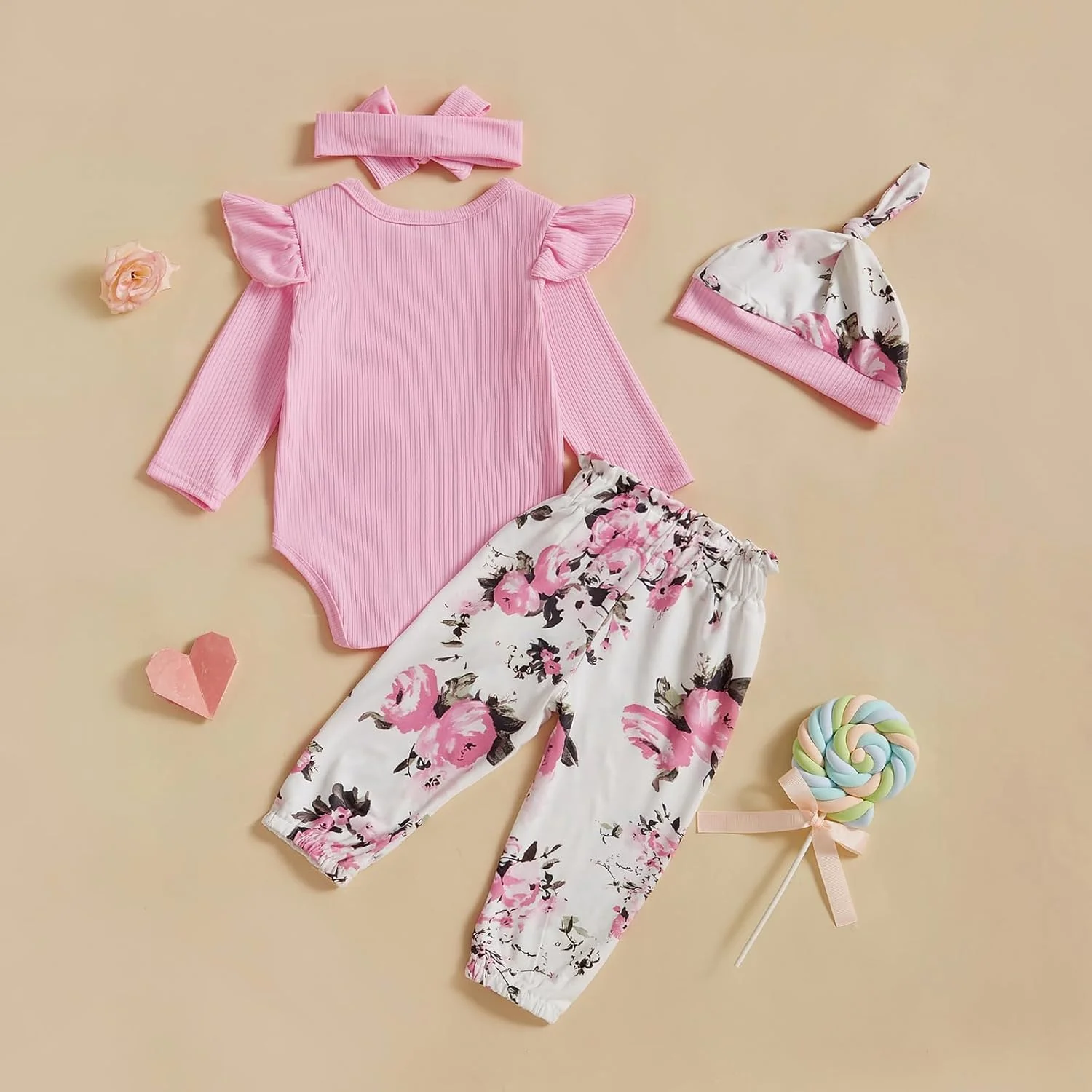 لباس نوزادی دخترانه طرح Hello World، ست لباس بافتنی دنده ای، تاپ، شلوار گلدار و کلاه