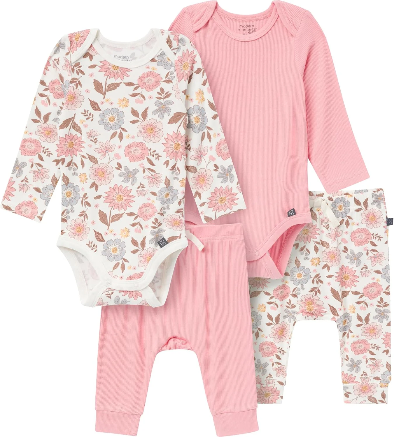 ست لباس نوزاد دخترانه مدرن مومنتز بای گربر، 4 تکه شامل بادی آستین بلند و شلوار (بسته 2 عددی)