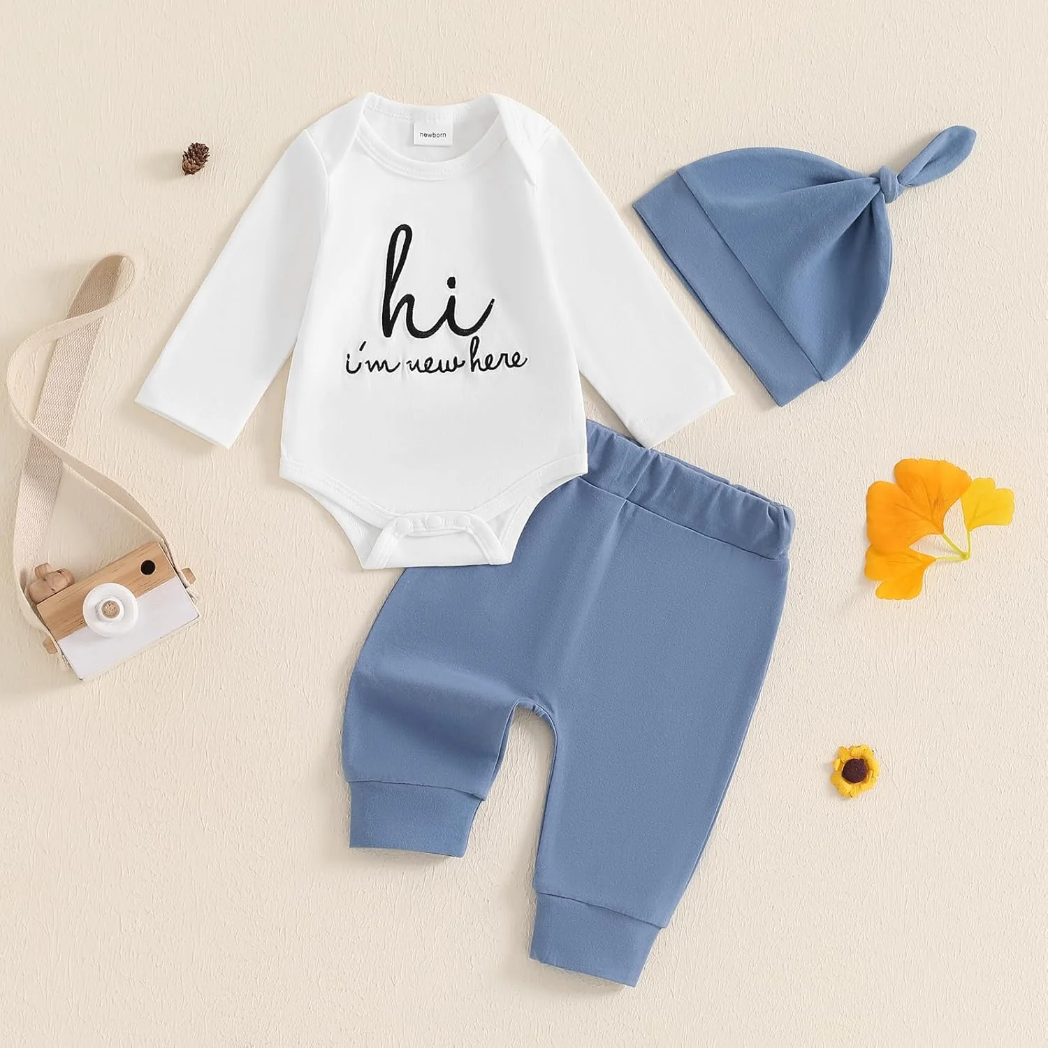 لباس نوزادی پسرانه و دخترانه، رامپر آستین کوتاه، شلوار و کلاه پنبه ای