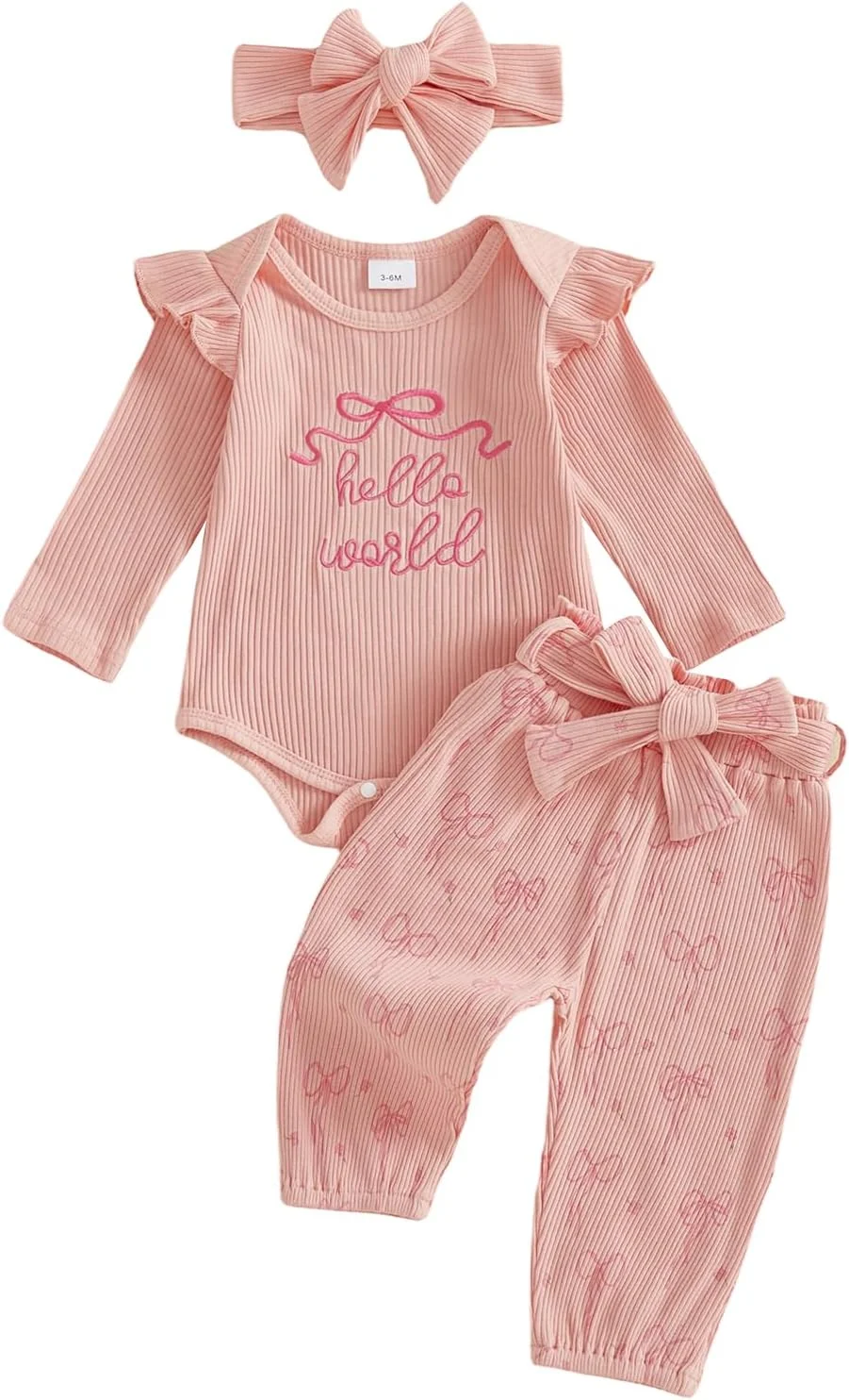 لباس نوزادی دخترانه Twopumpkin، رامپر دنده ای طرح Hello World، شلوار بافتنی و هدبند، لباس برای بیمارستان