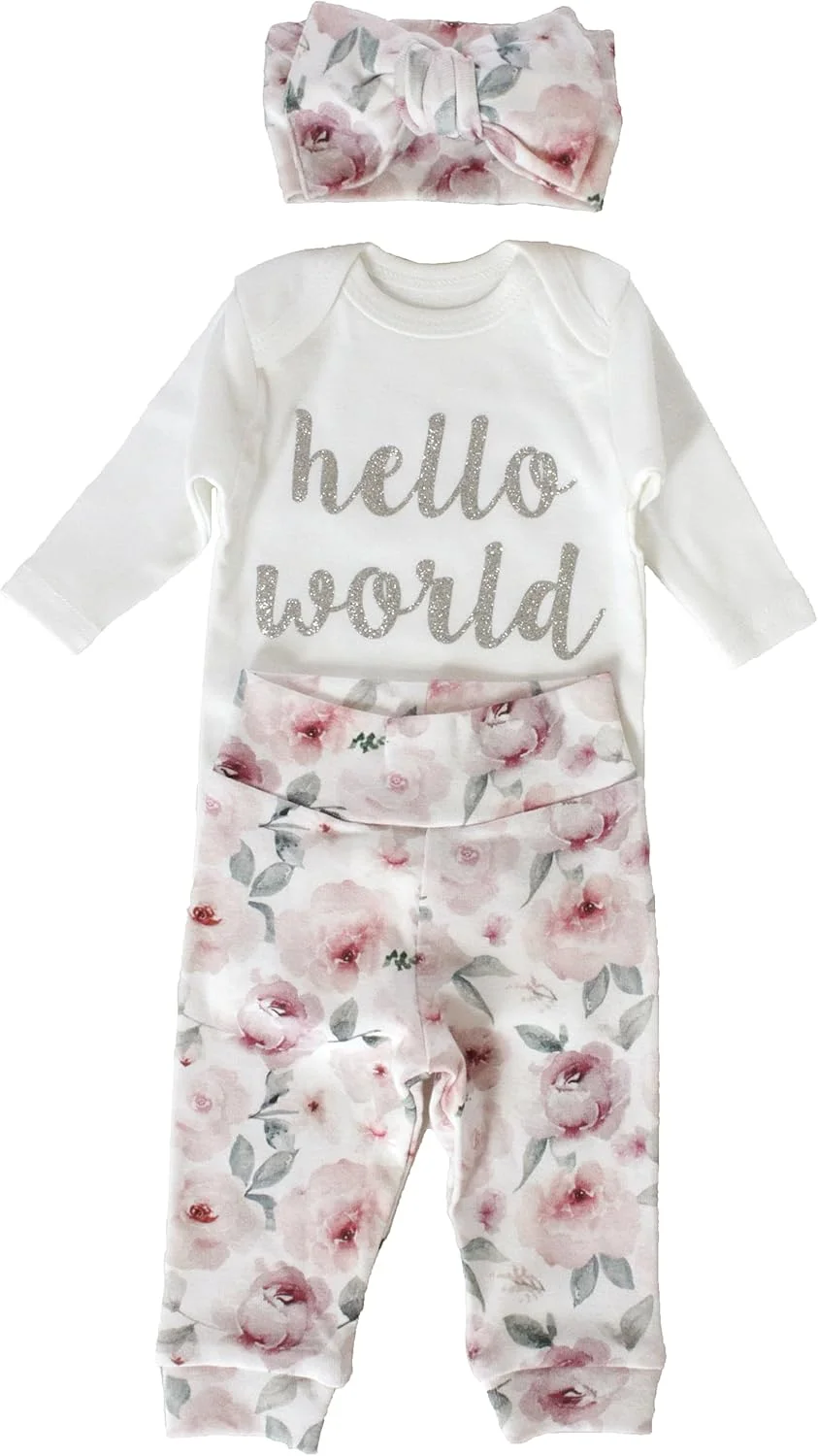 ست لباس نوزادی دخترانه با شورت یا شلوار گلدار کمر بلند رزگلد و پاپیون