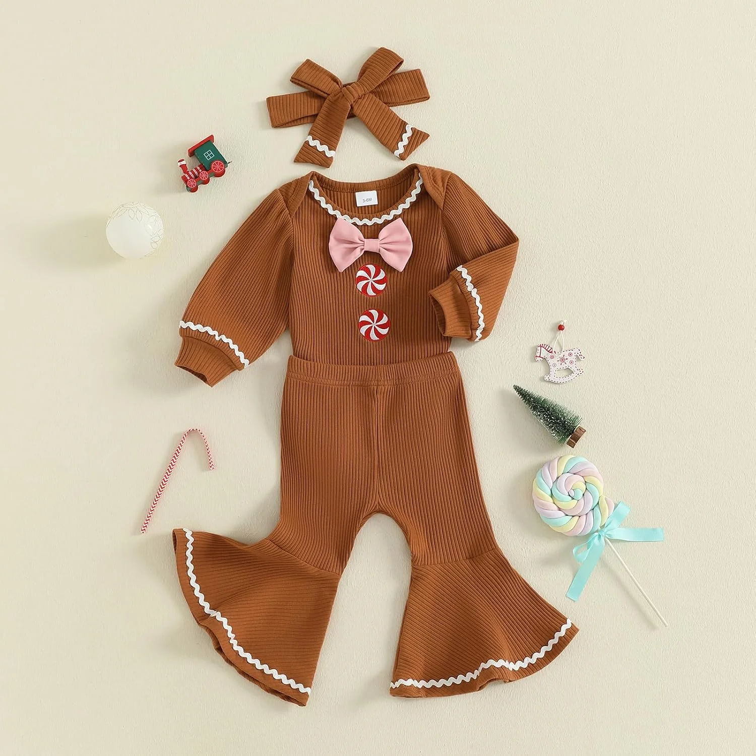لباس کریسمس نوزاد دخترانه، رامپر طرح آدمک زنجبیلی، سرهمی آستین بلند، شلوار دمپا گشاد، لباس نوزادی کریسمس