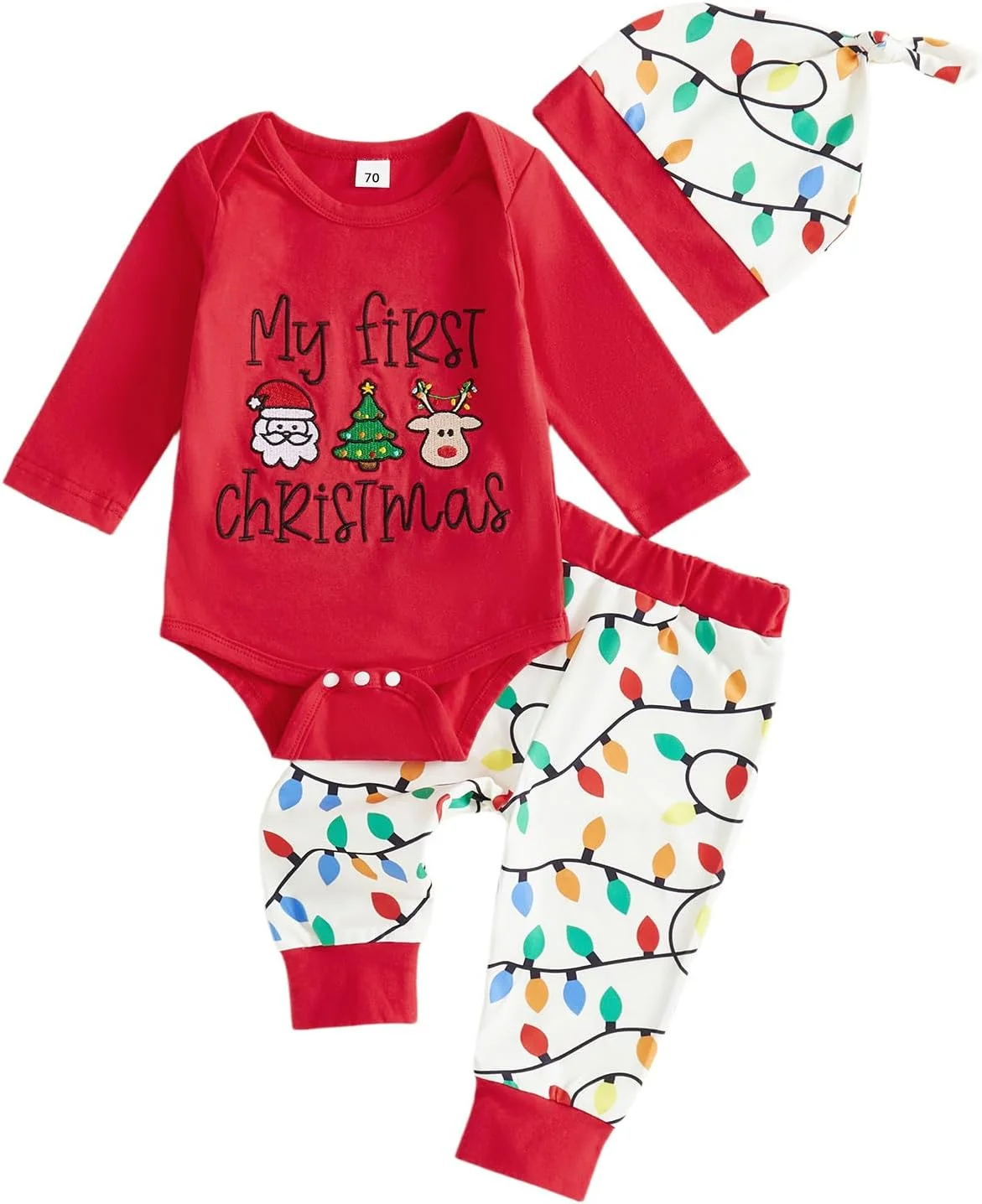 لباس نوزادی پسرانه/دخترانه طرح اولین کریسمس من، رامپر آستین بلند، تاپ، شلوار و هدبند، مناسب فصل پاییز و زمستان