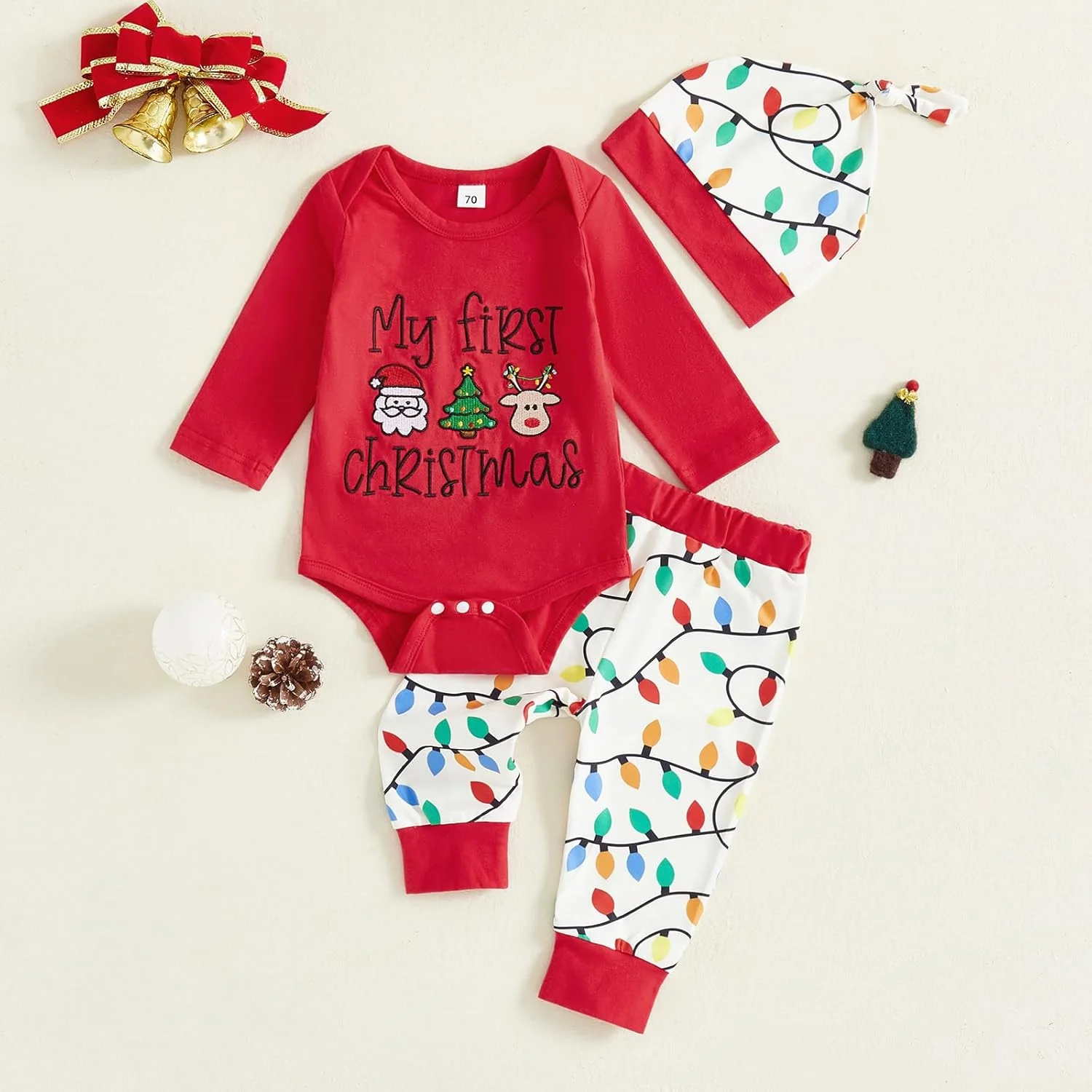 لباس نوزادی پسرانه/دخترانه طرح اولین کریسمس من، رامپر آستین بلند، تاپ، شلوار و هدبند، مناسب فصل پاییز و زمستان