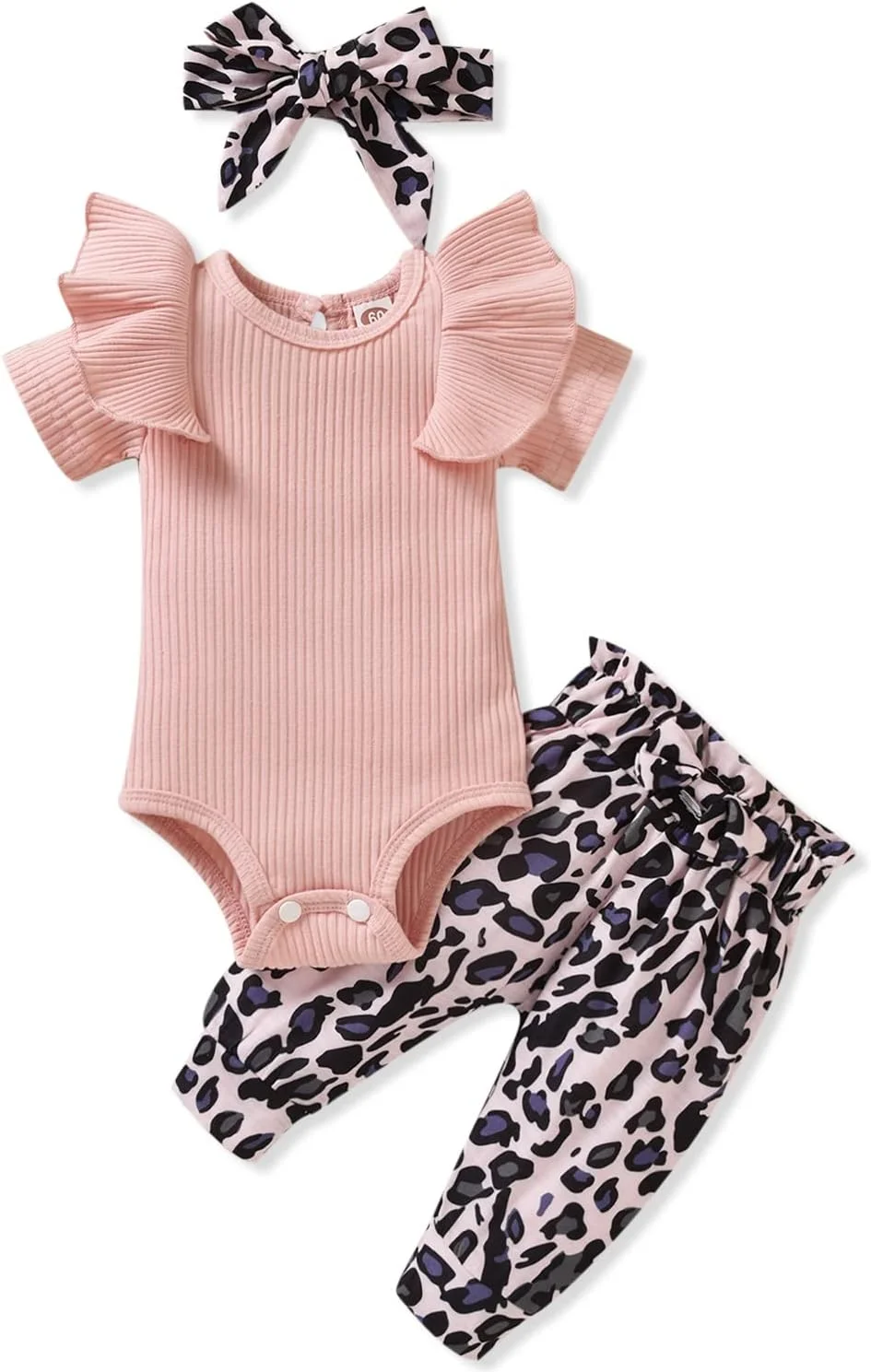 ست لباس نوزادی دخترانه شامل رامپر دنده ای، بادی و شلوار به همراه چین های زیبا مناسب بهار و تابستان